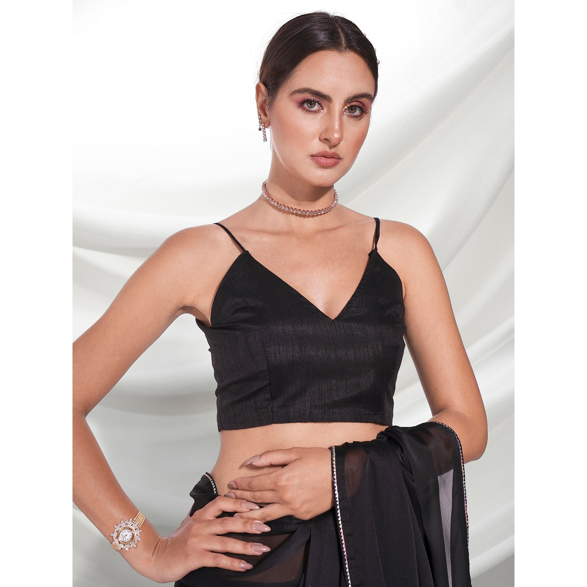 Black Solid Georgette Saree With Fancy Border