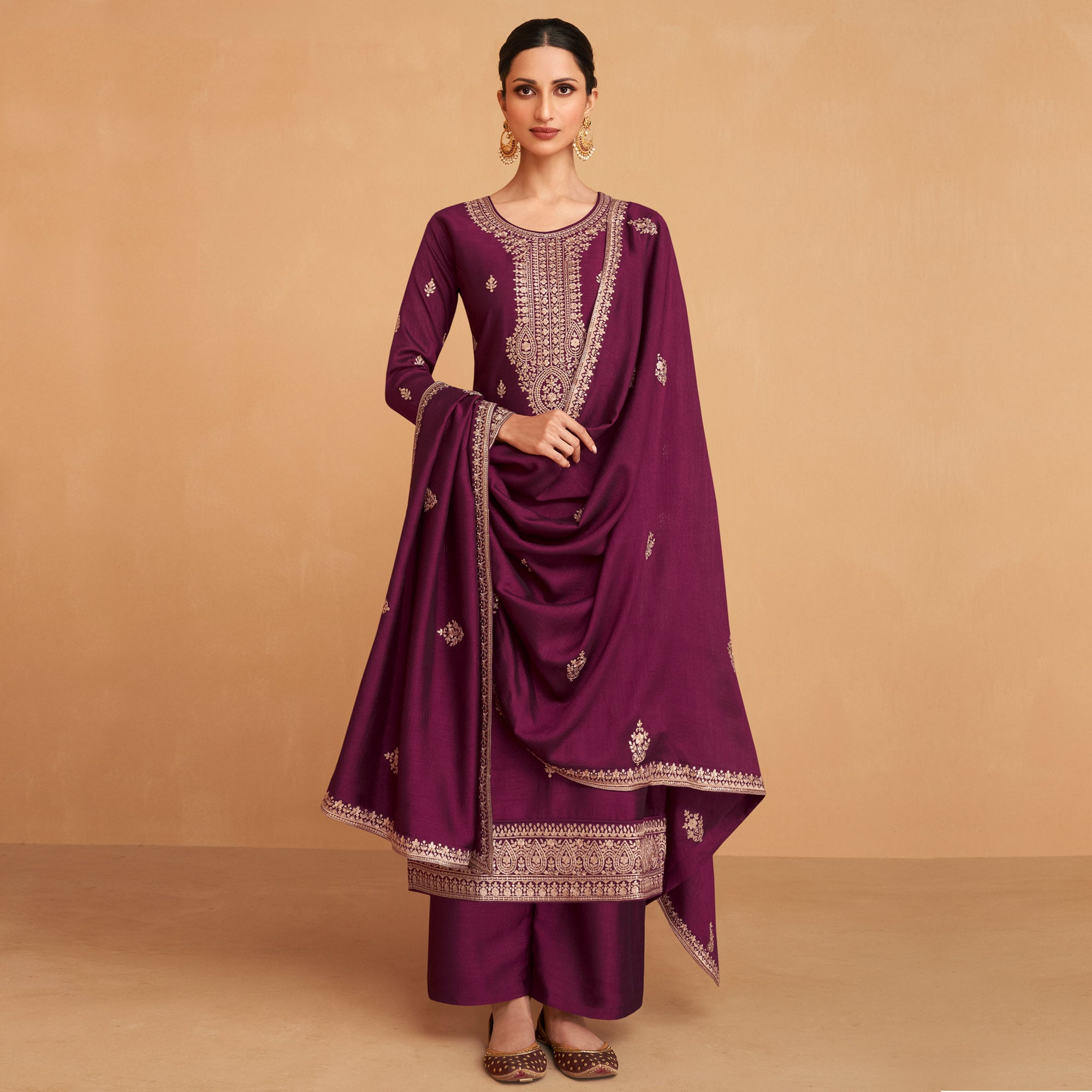 Wine Embroidered Art Silk Palazzo Suit