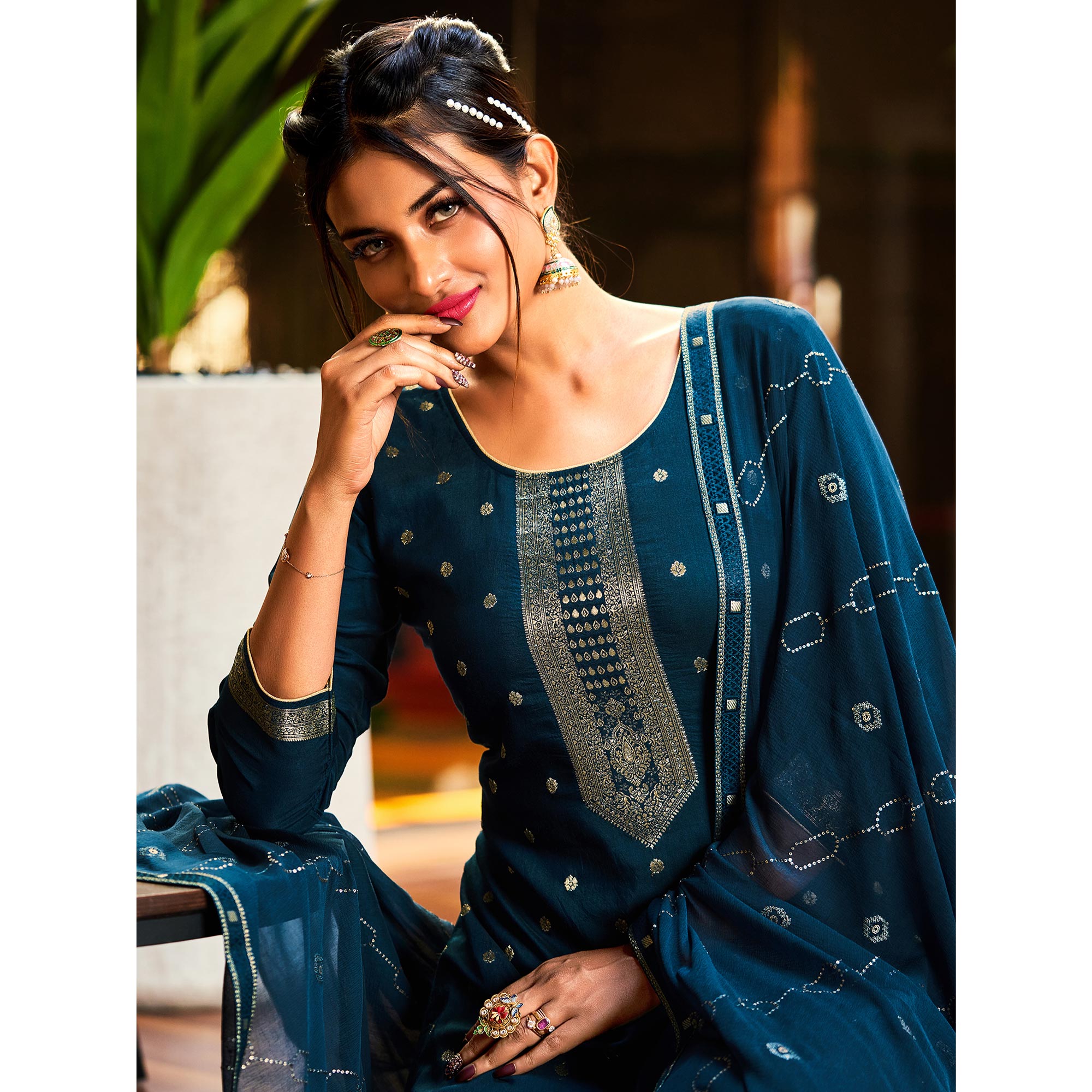 Blue Woven Muslin Palazzo Suit
