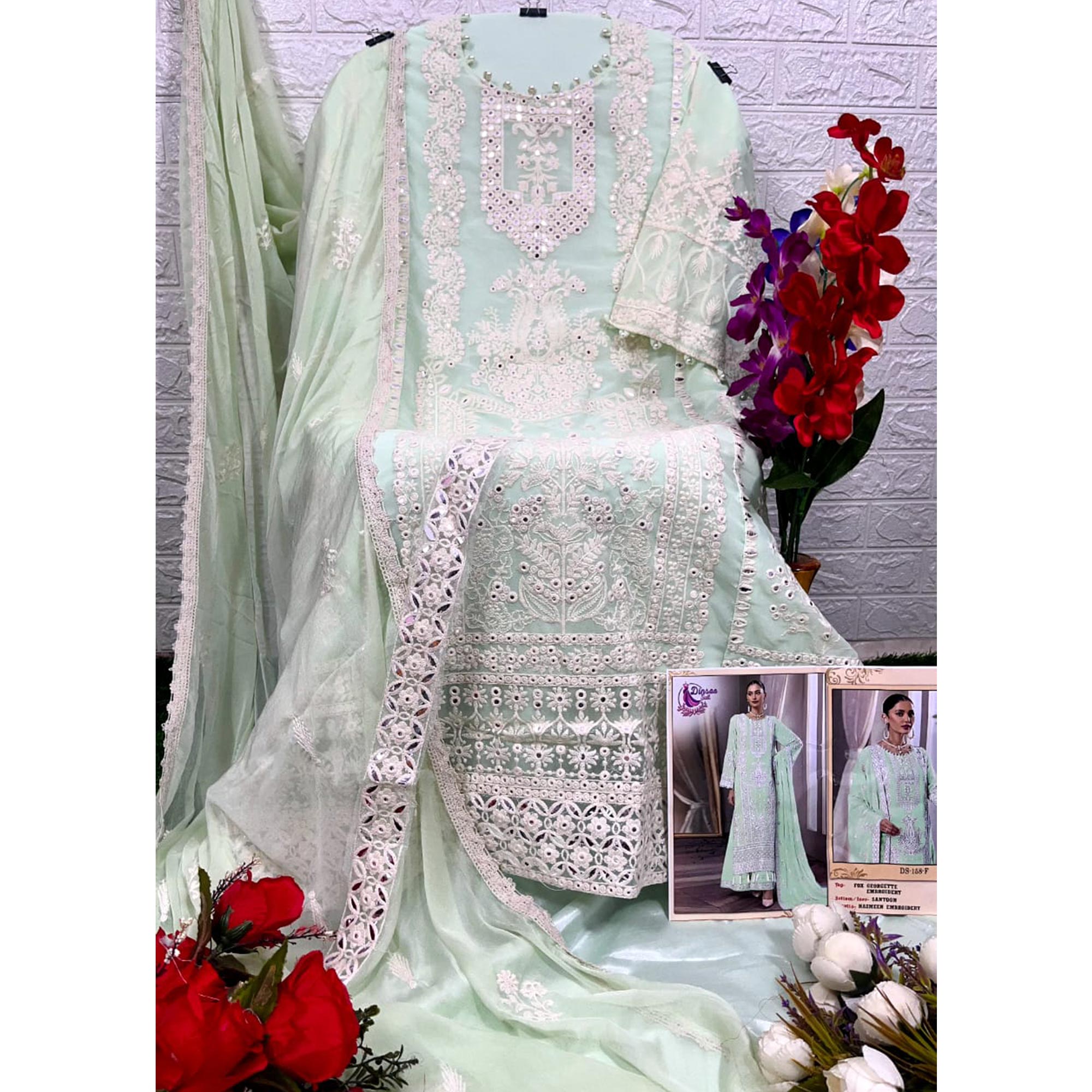 Light Pista Floral Embroidered Georgette Pakistani Suit