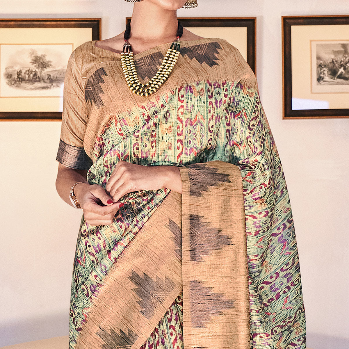 Green Digital Printed Raw Silk Saree With Tassels