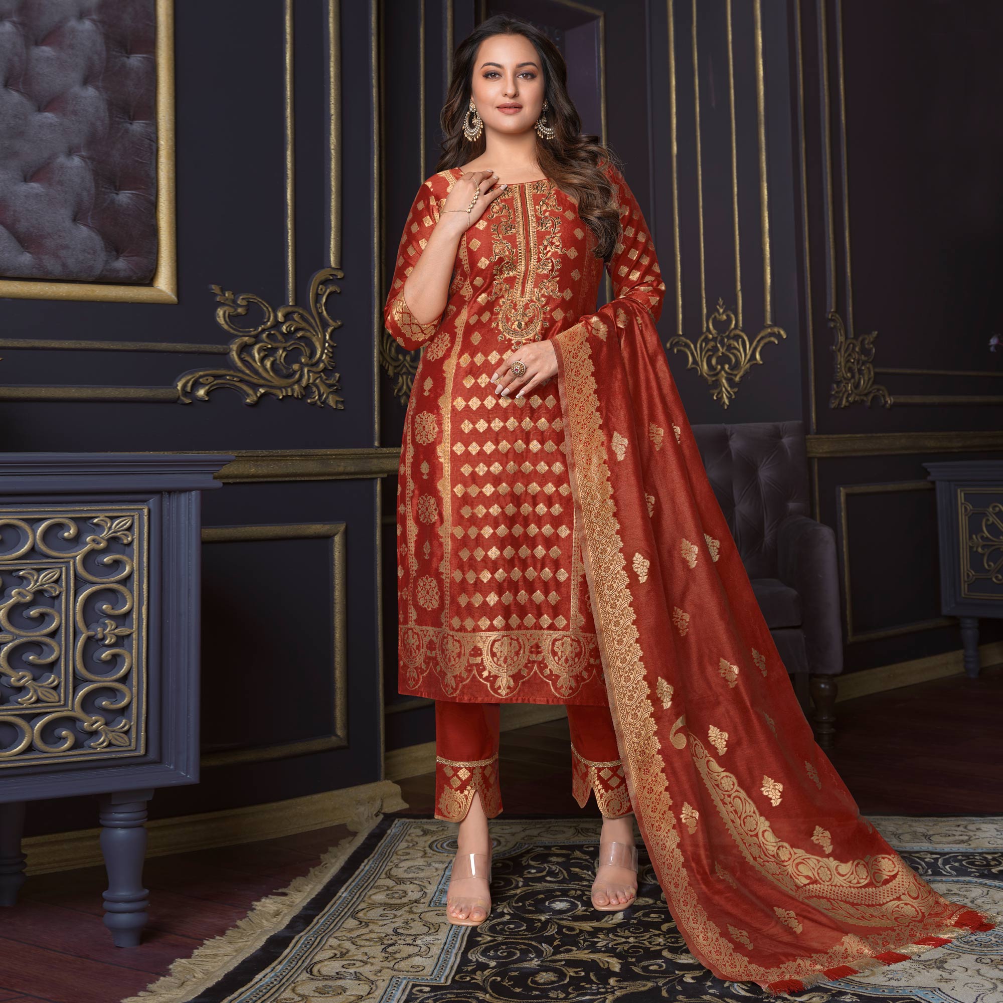 Rust Woven Banarasi Silk Salwar Suit