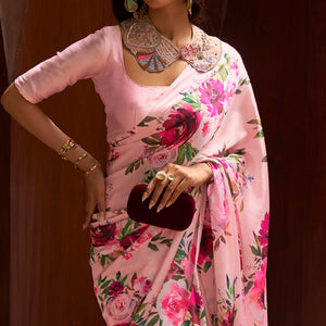 Pink Floral Digital Printed Satin Saree