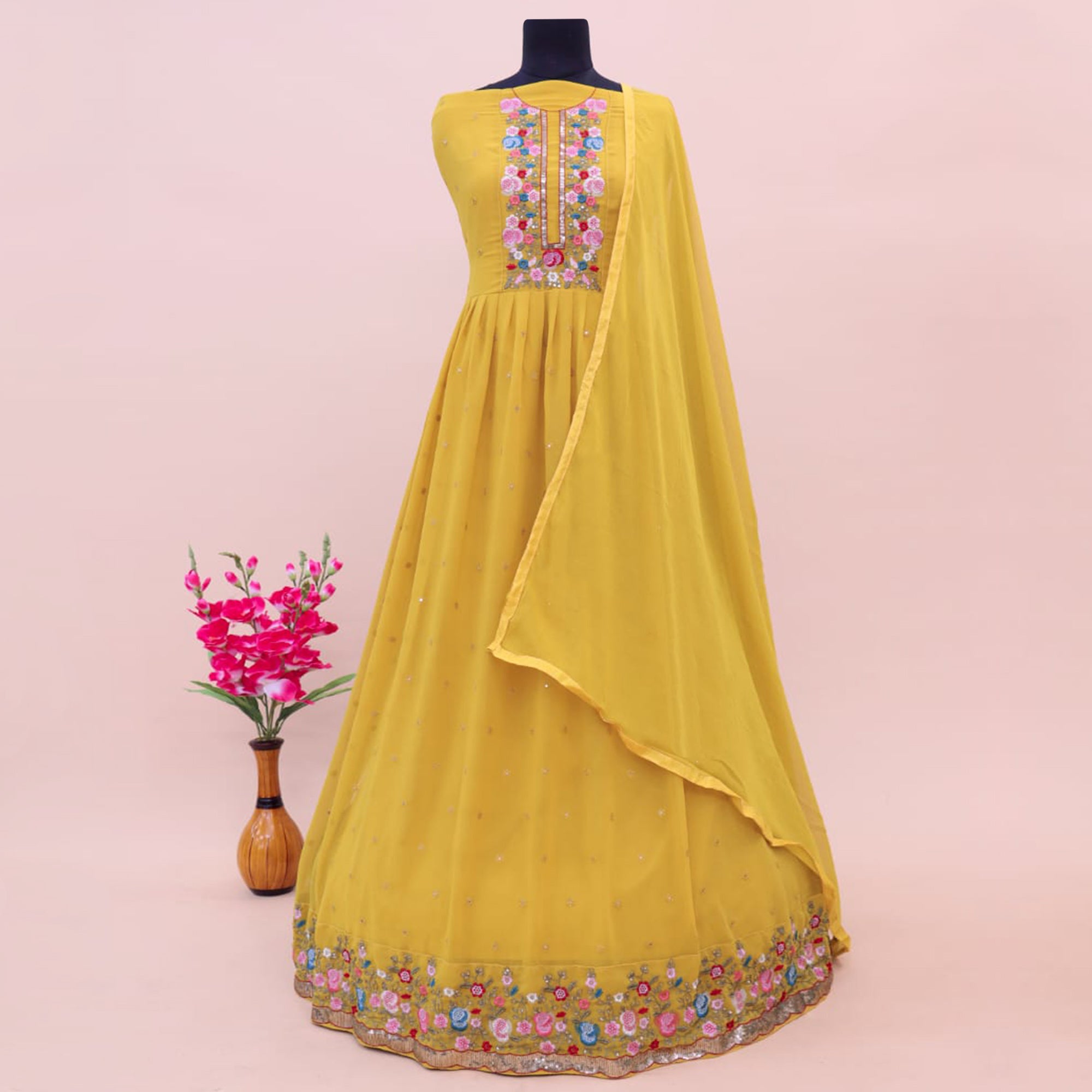 Yellow Embroidered Georgette Gown