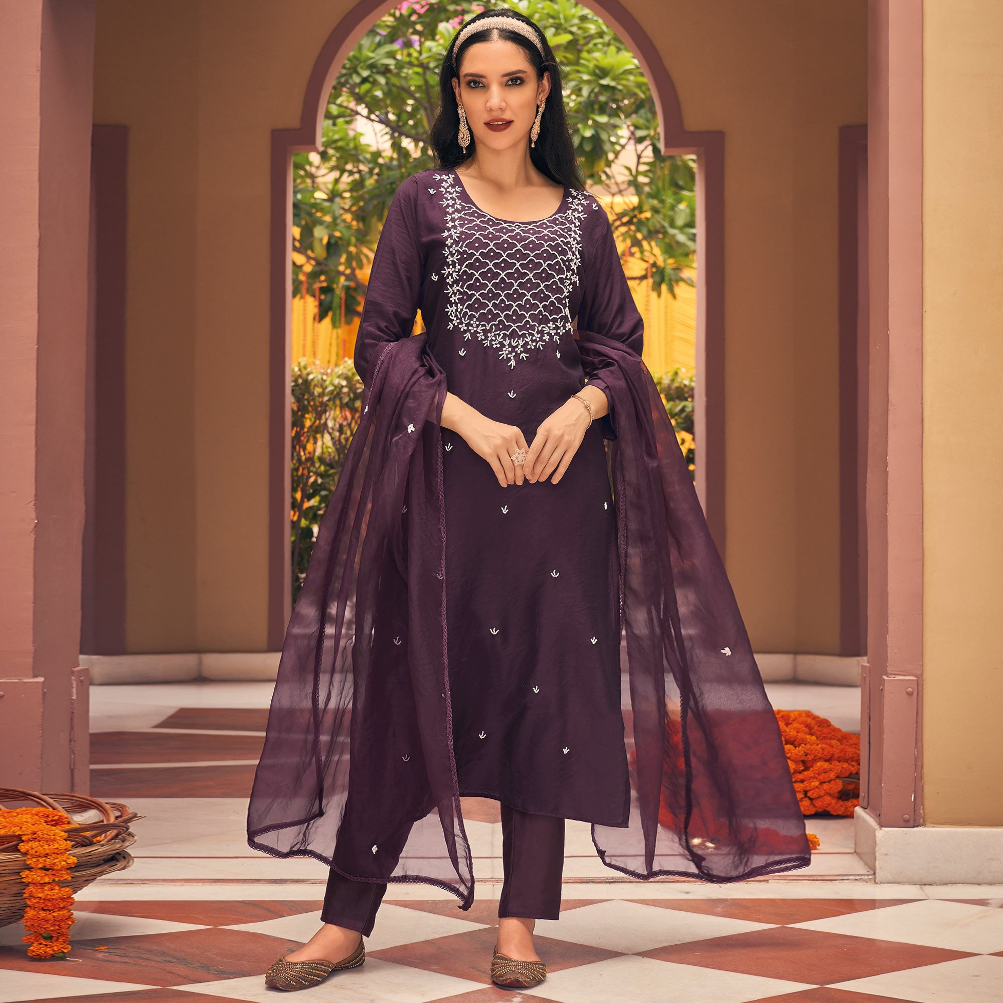 Wine Embellished Viscose Salwar Suit