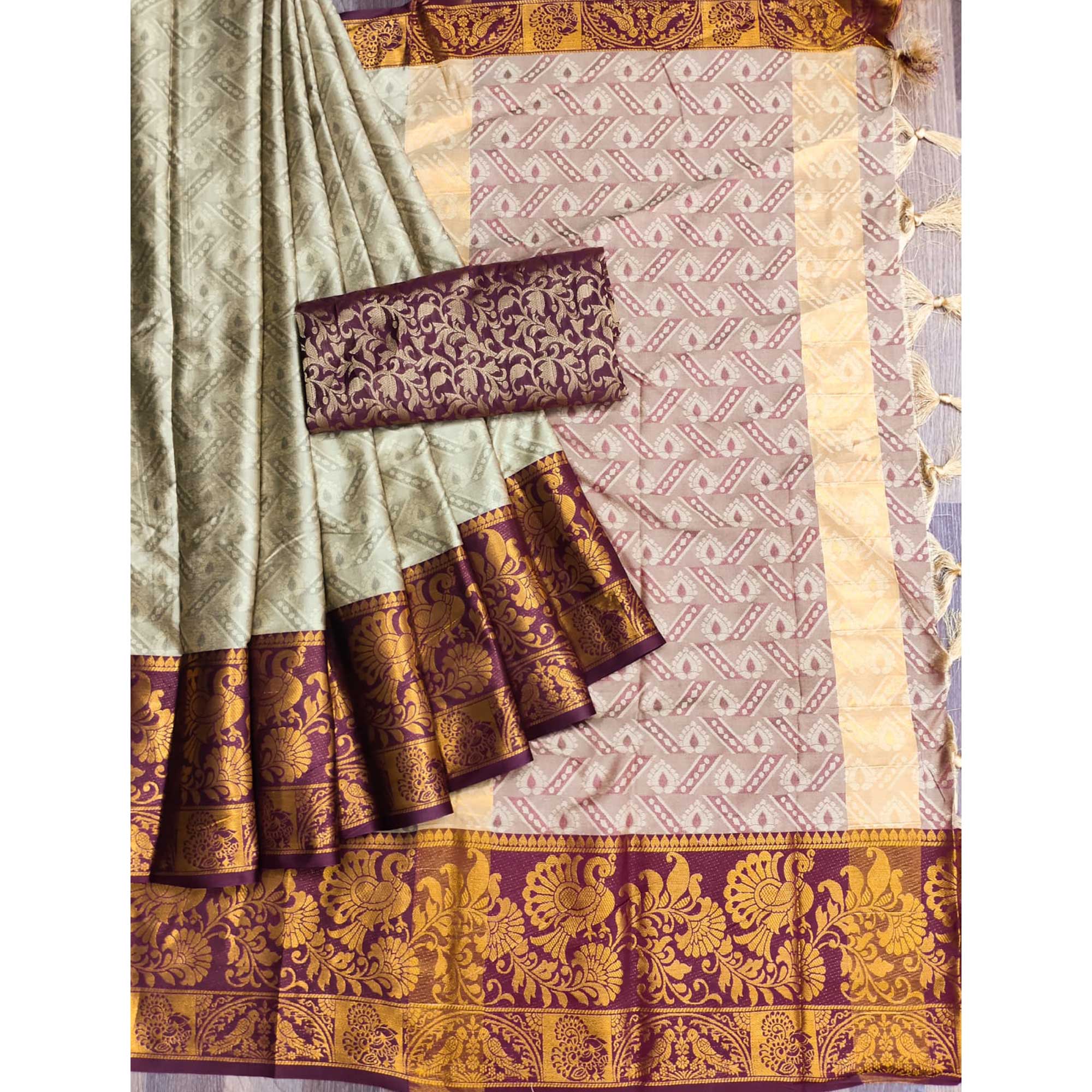 Chikoo Woven Cotton Silk Saree With Tassels