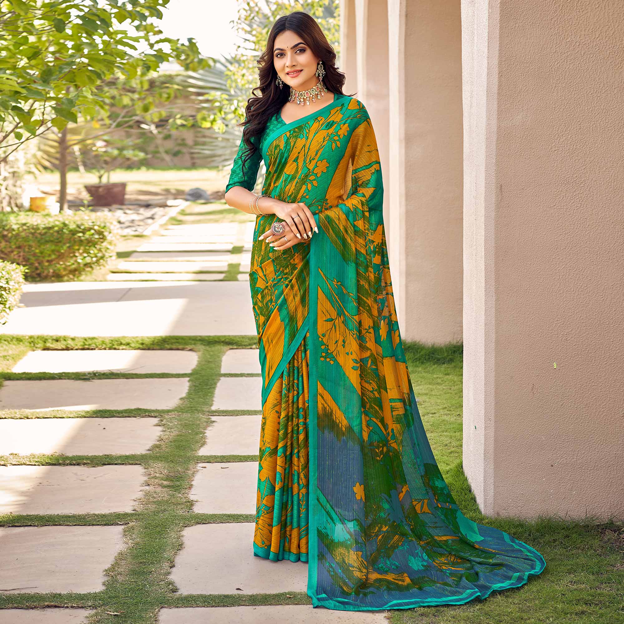 Green Mustard Printed Chiffon Saree