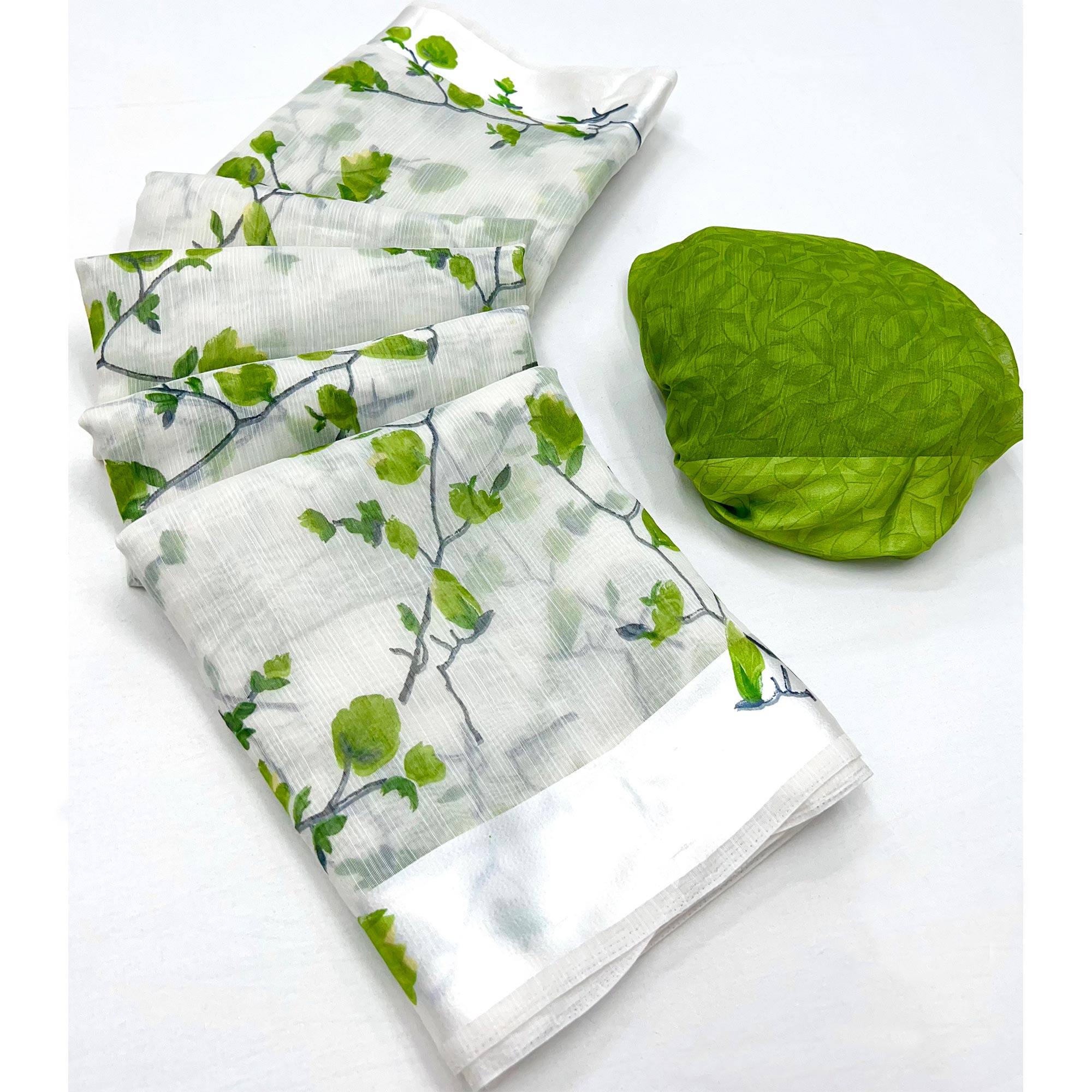 White Green Floral Printed Linen Saree