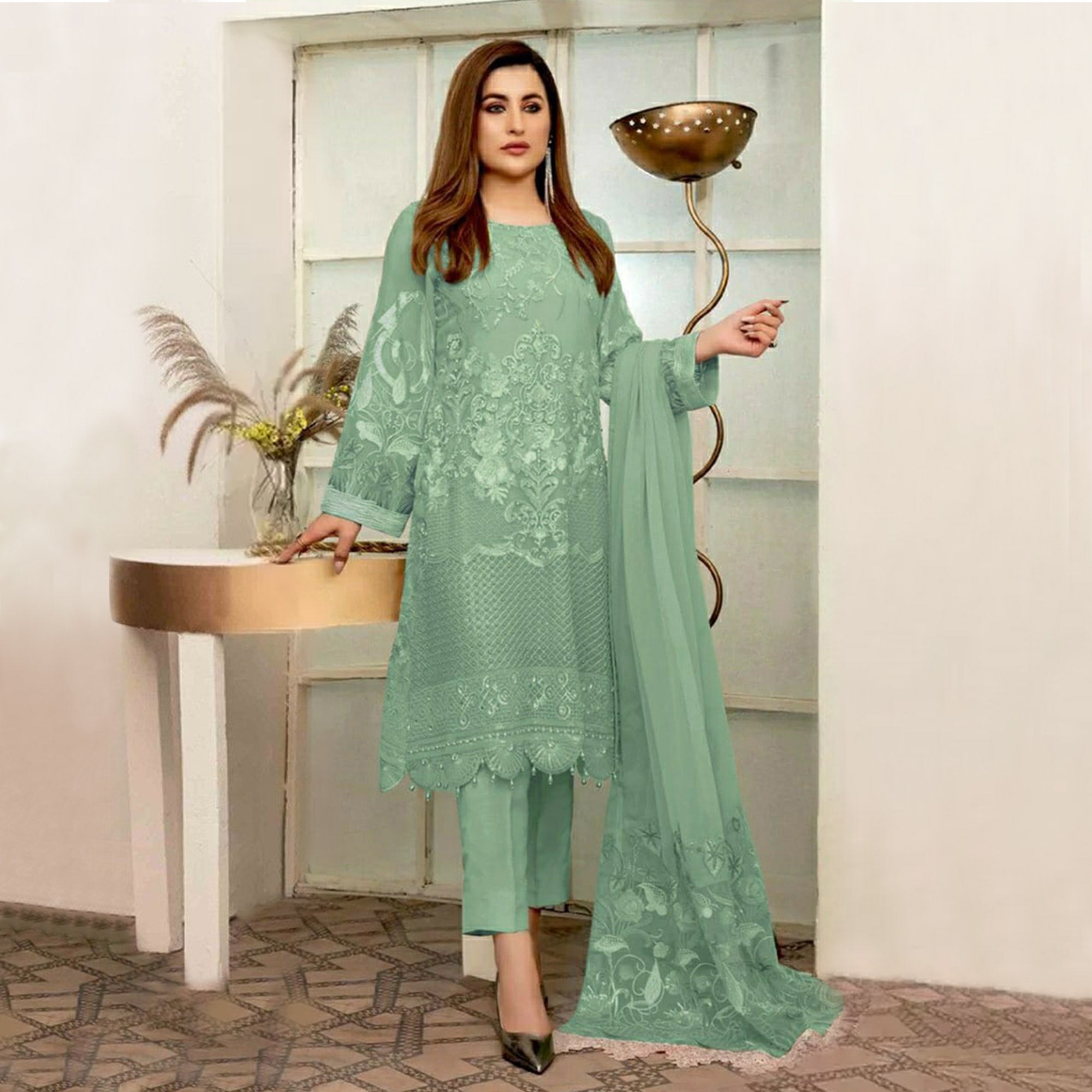 Sea Green Embroidered Georgette Pakistani Suit