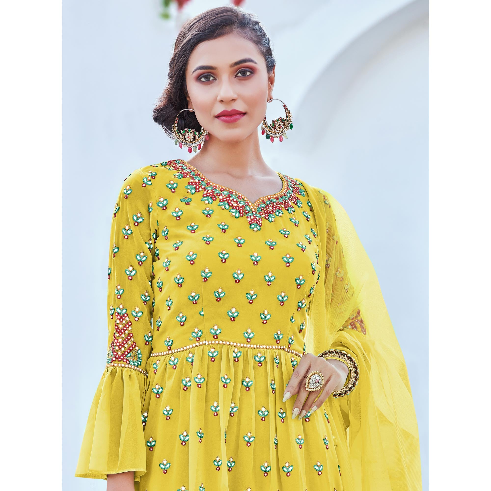 Yellow Floral Embroidered Georgette Sharara Suit