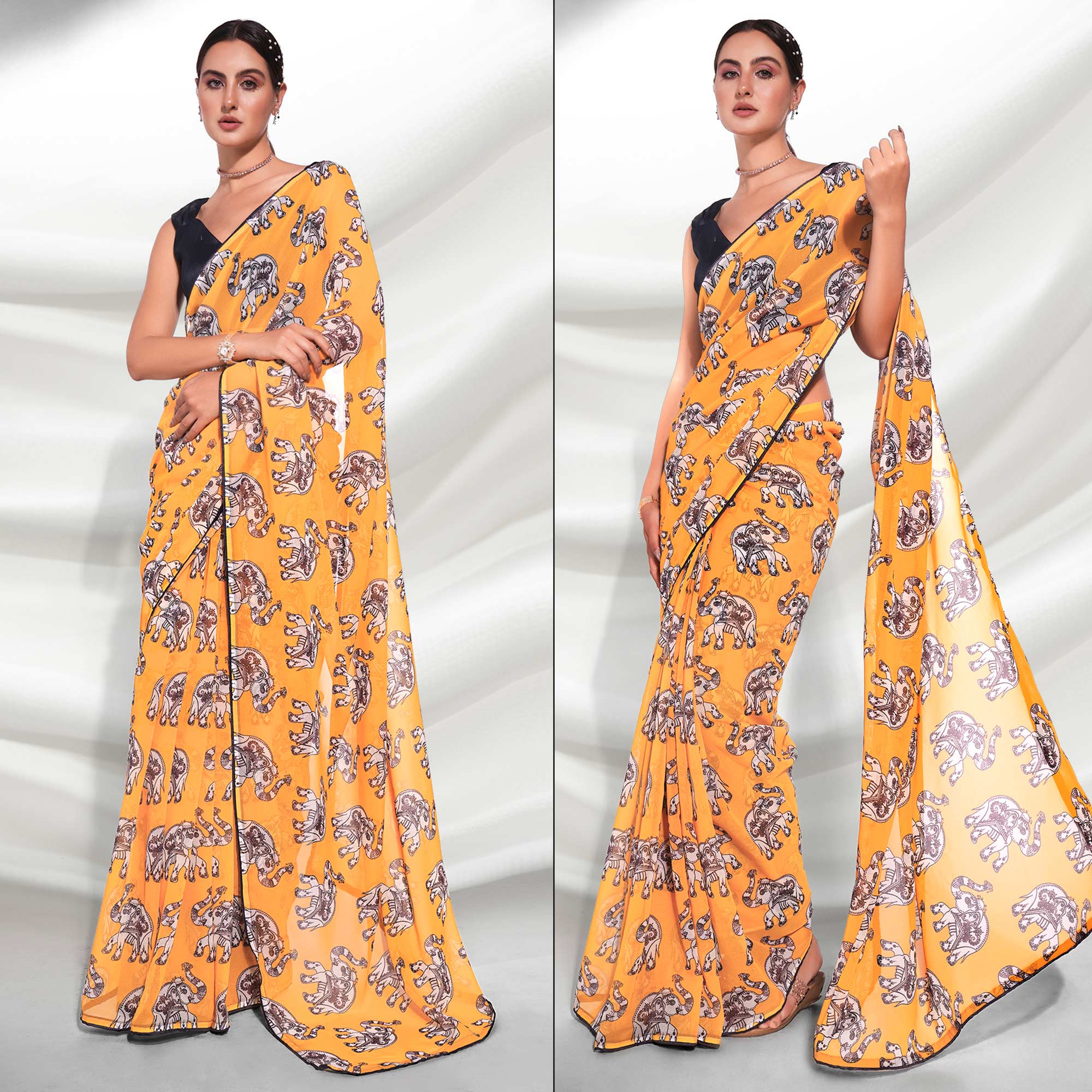 Yellow Printed Georgette Saree