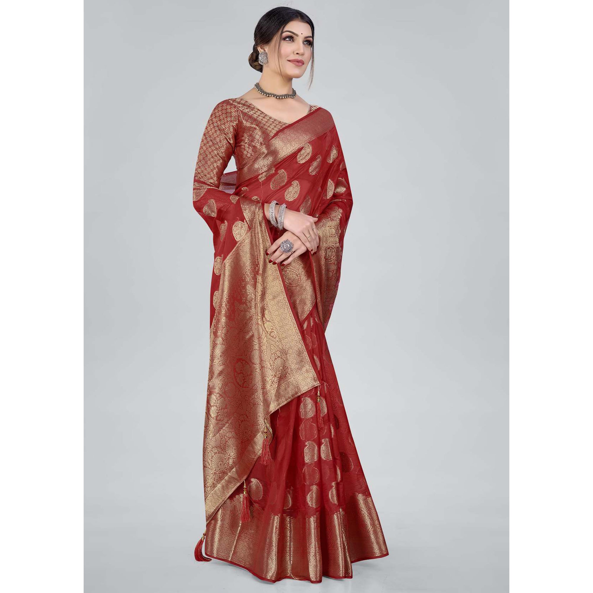 Red Woven Organza Saree With Tassels