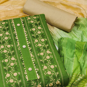 Green Floral Embroidered Cotton Blend Dress Material