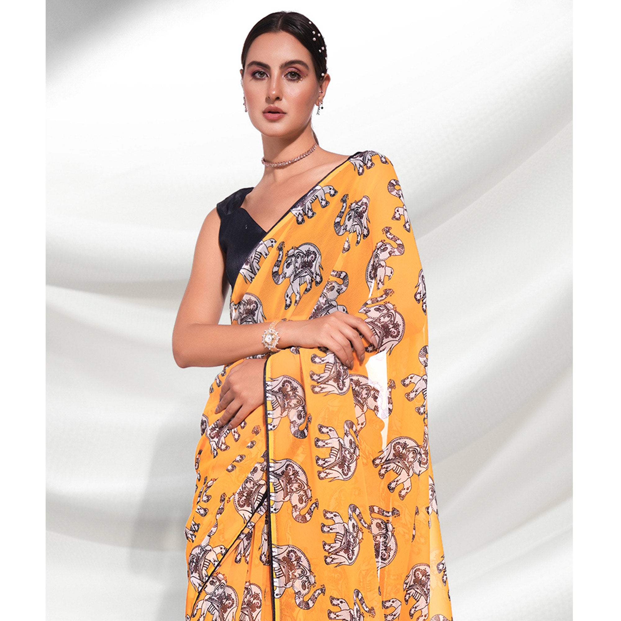 Yellow Printed Georgette Saree