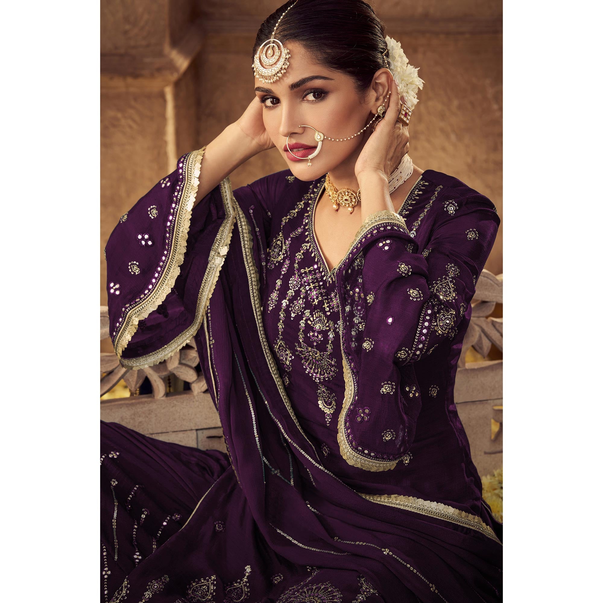 Purple Sequins Embroidered Georgette Sharara Suit