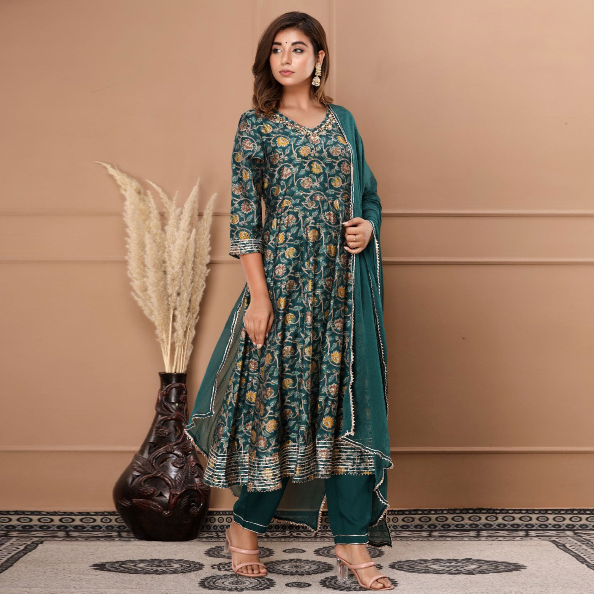 Green Jaipuri Printed With Gota Patti Work Muslin Anarkali Suit