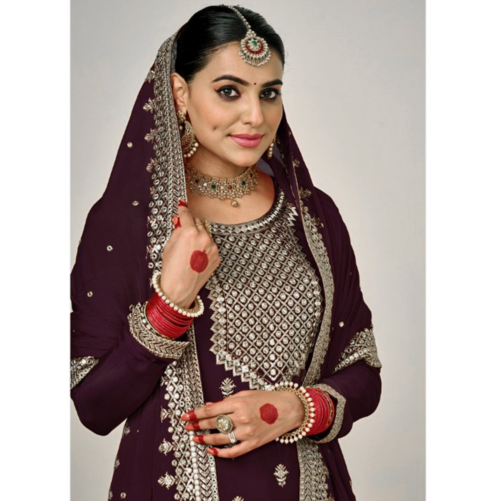 Wine Embroidered Georgette Sharara Suit