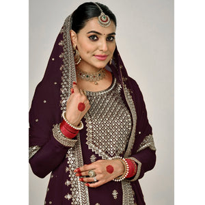 Wine Embroidered Georgette Sharara Suit