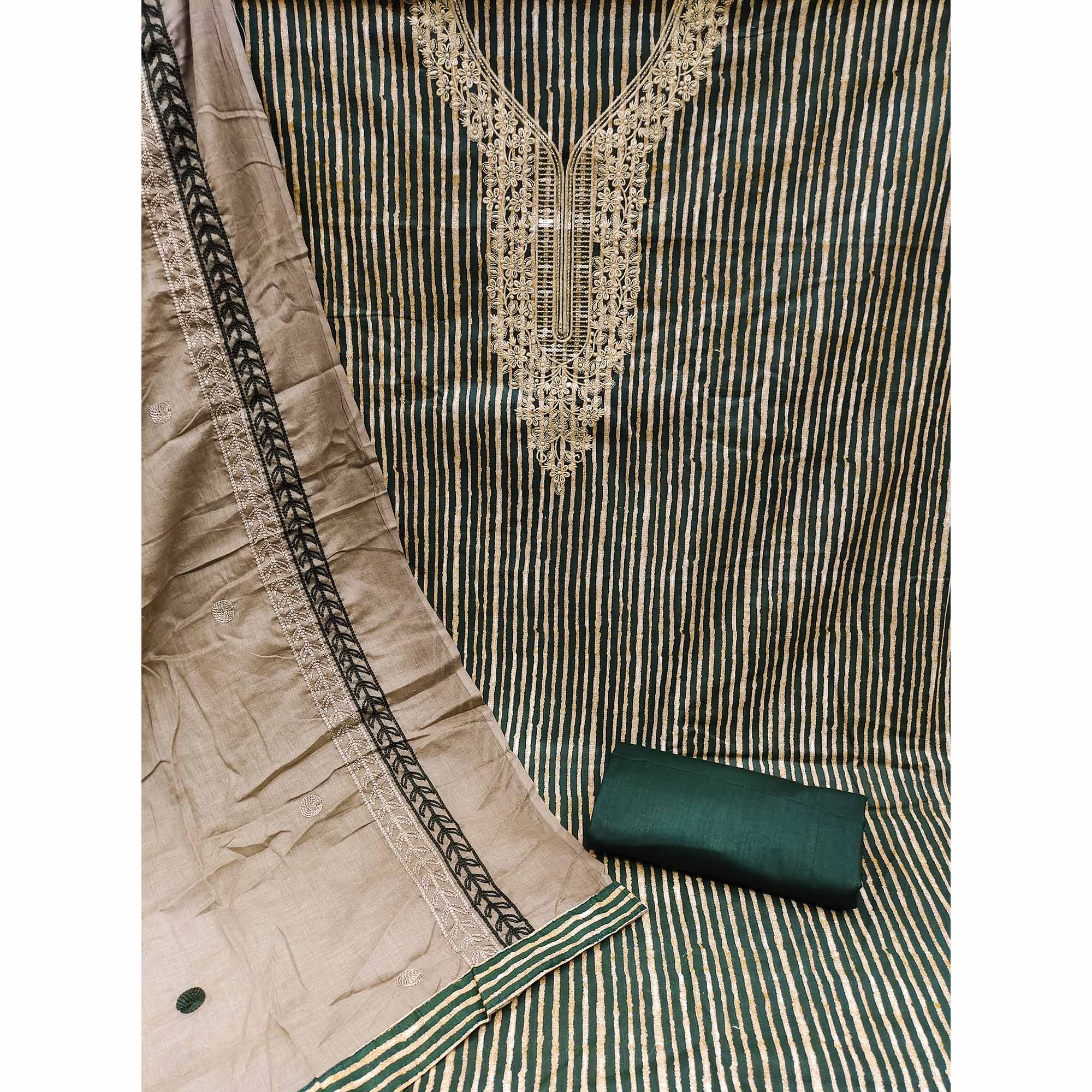 Green Printed With Sequins Embroidered Pure Cotton Dress Material