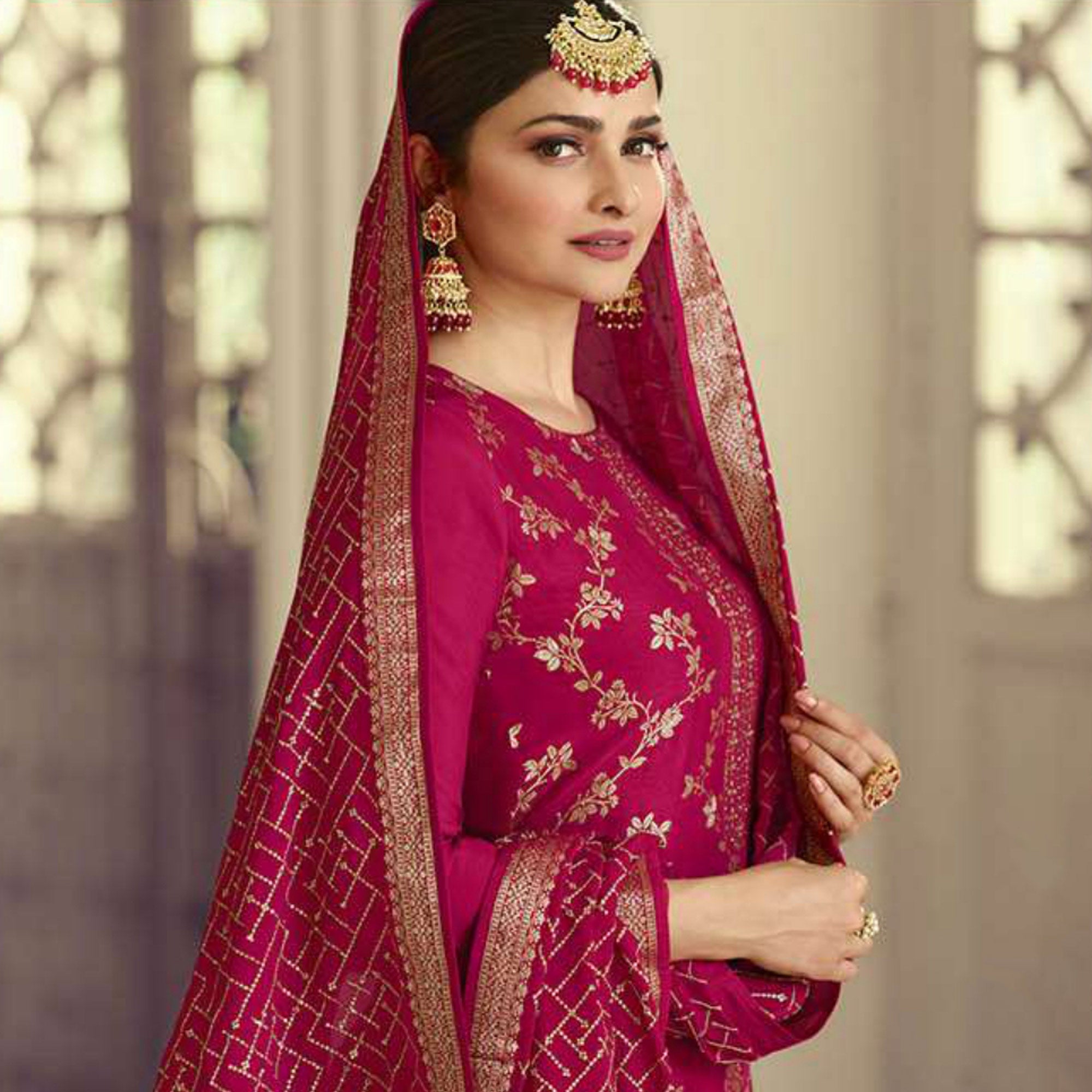 Rose Pink Embroidered Dola Silk Palazzo Suit