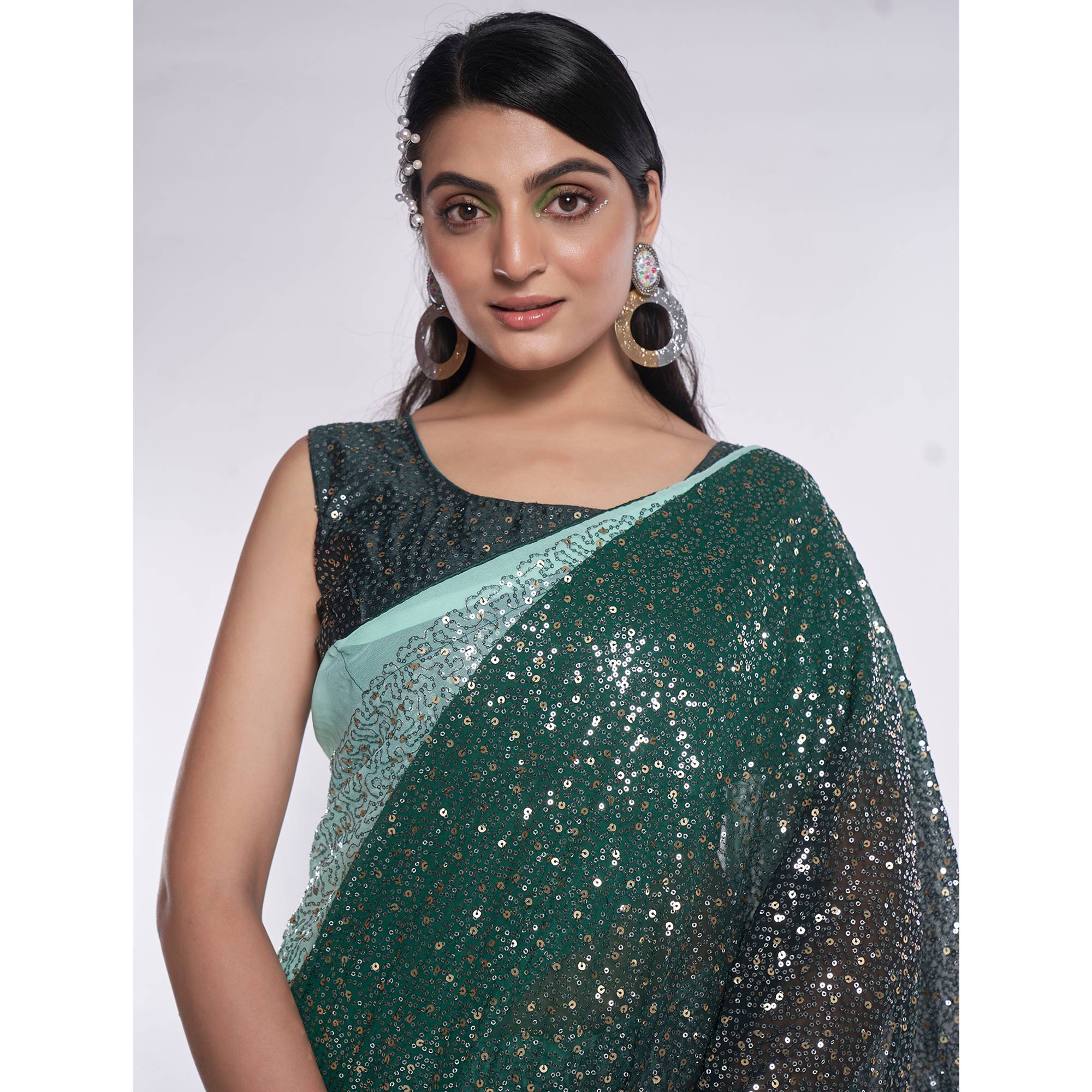 Green Sequins Embroidered Georgette Saree