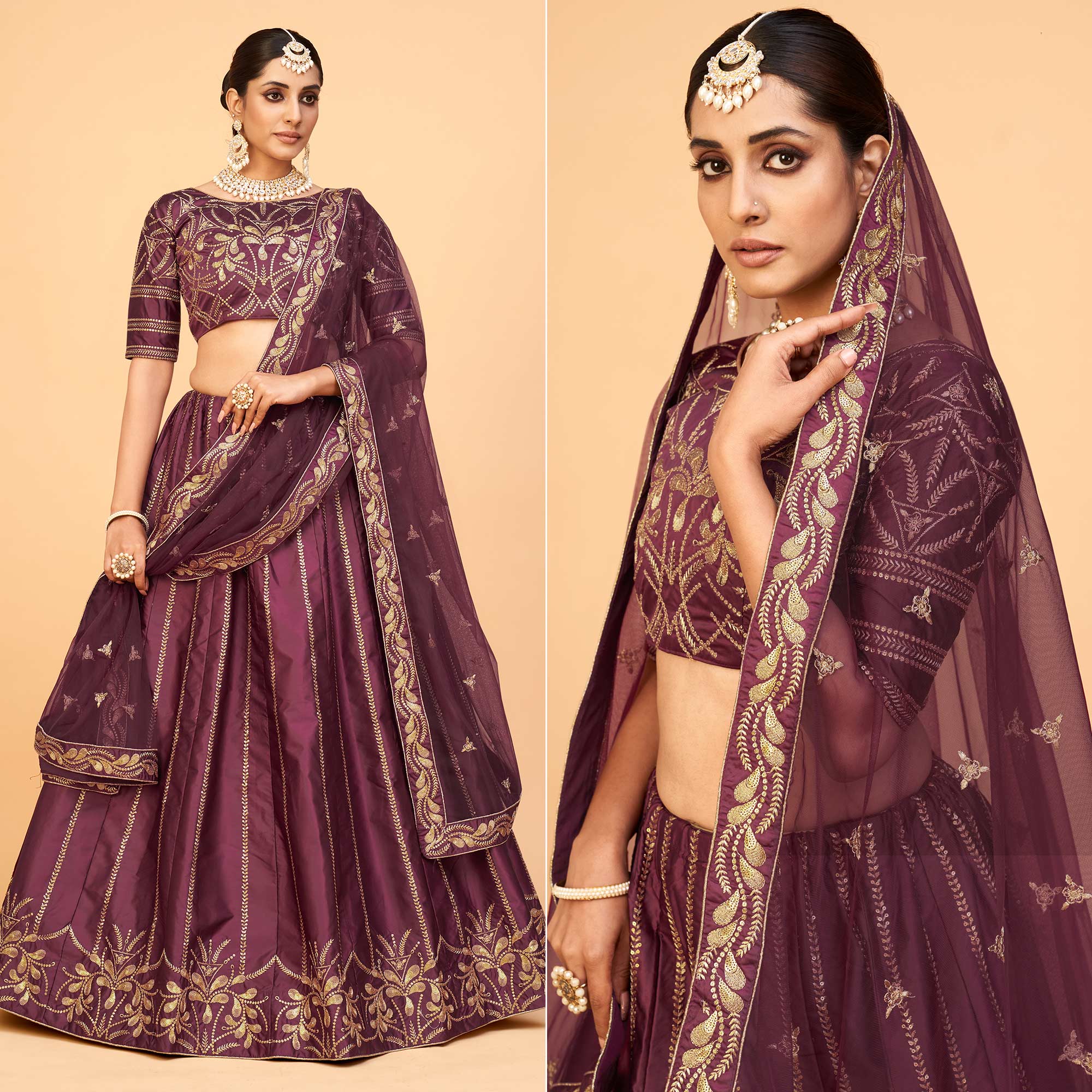 Wine Sequins Embroidered Art Silk Lehenga Choli