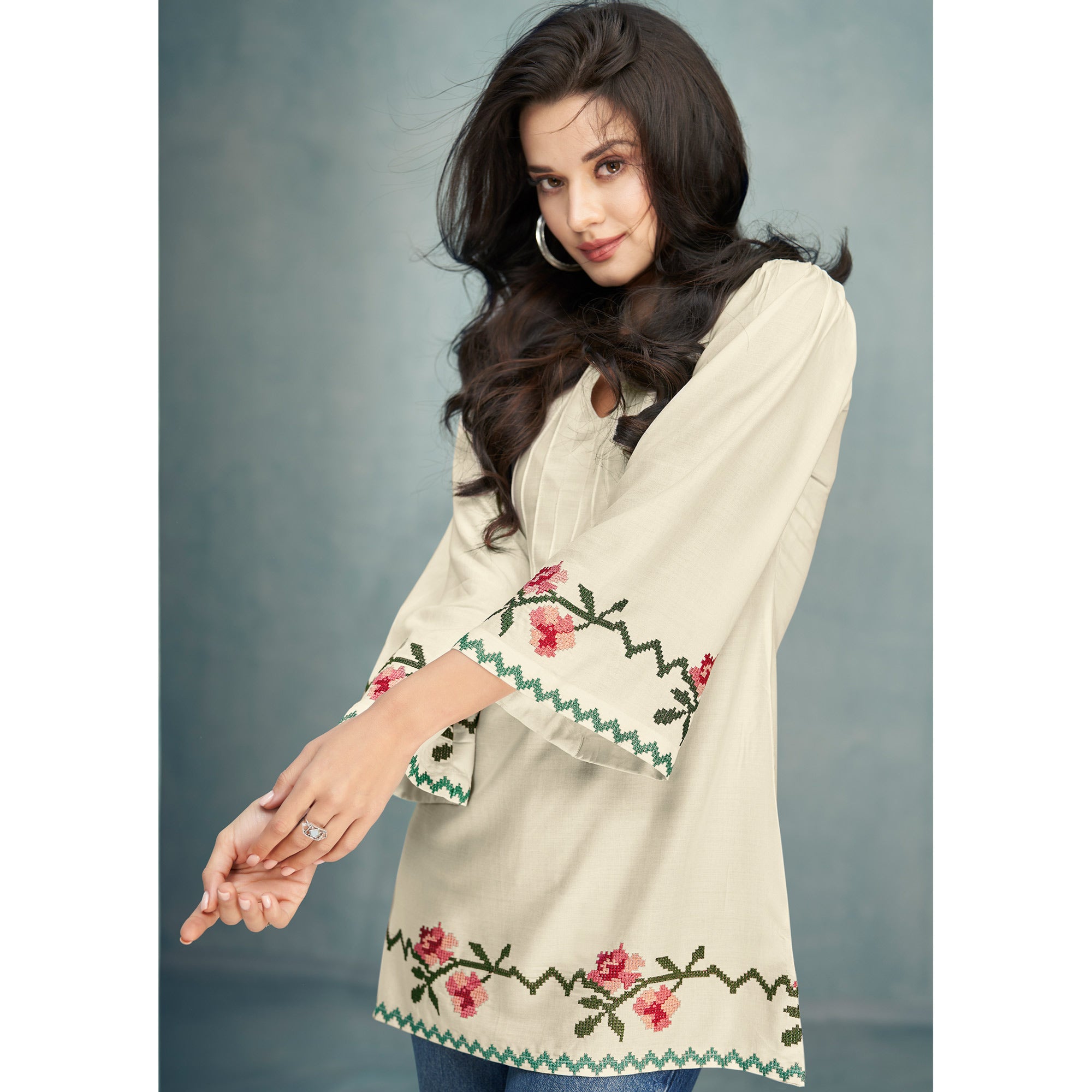 Cream Floral Embroidered Rayon Top