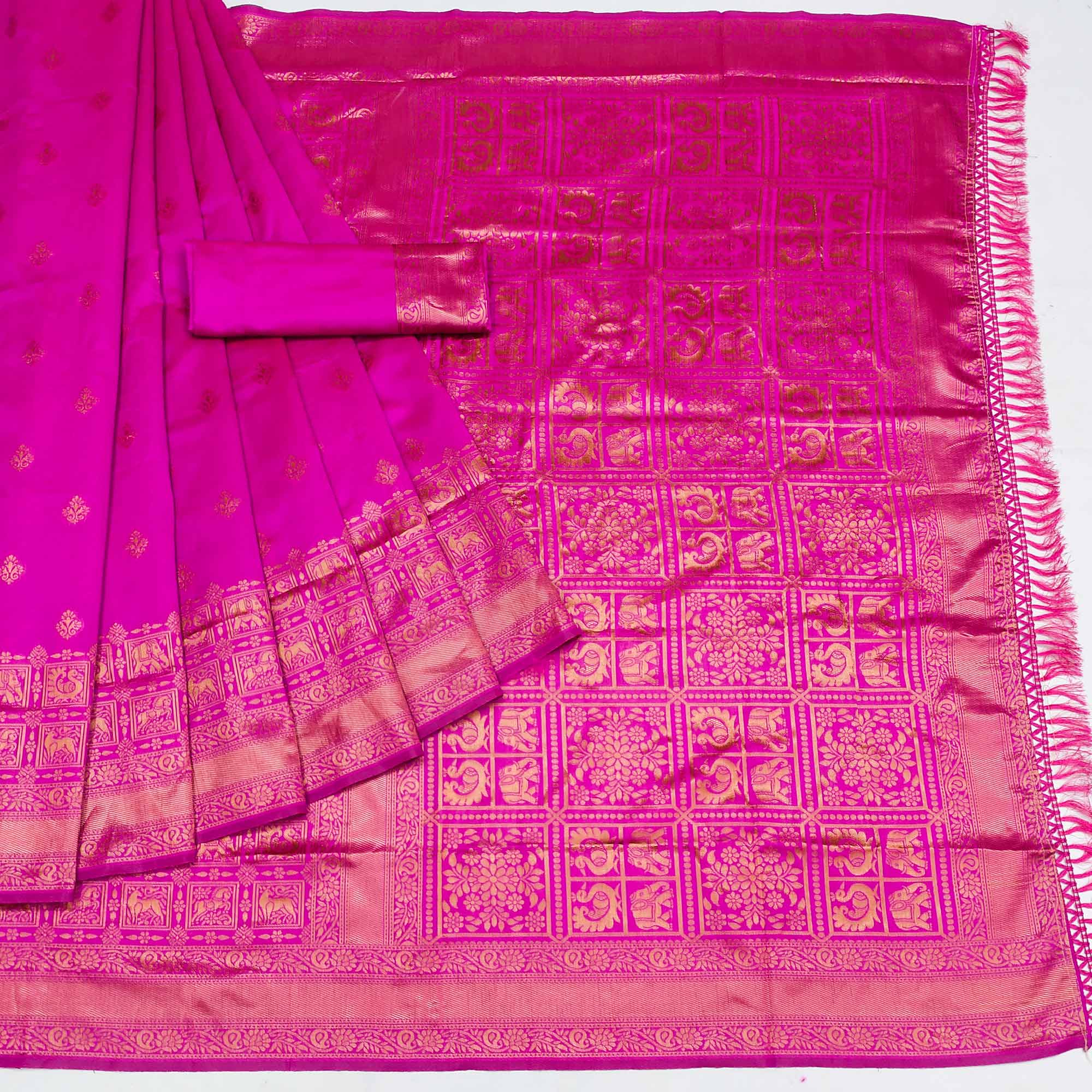 Magenta Pink Woven Jacquard Saree With Tassels