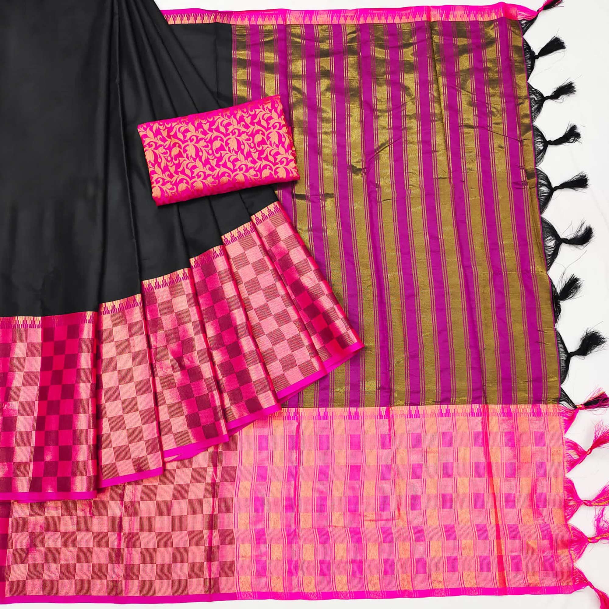 Black Woven Cotton Silk Saree With Tassels