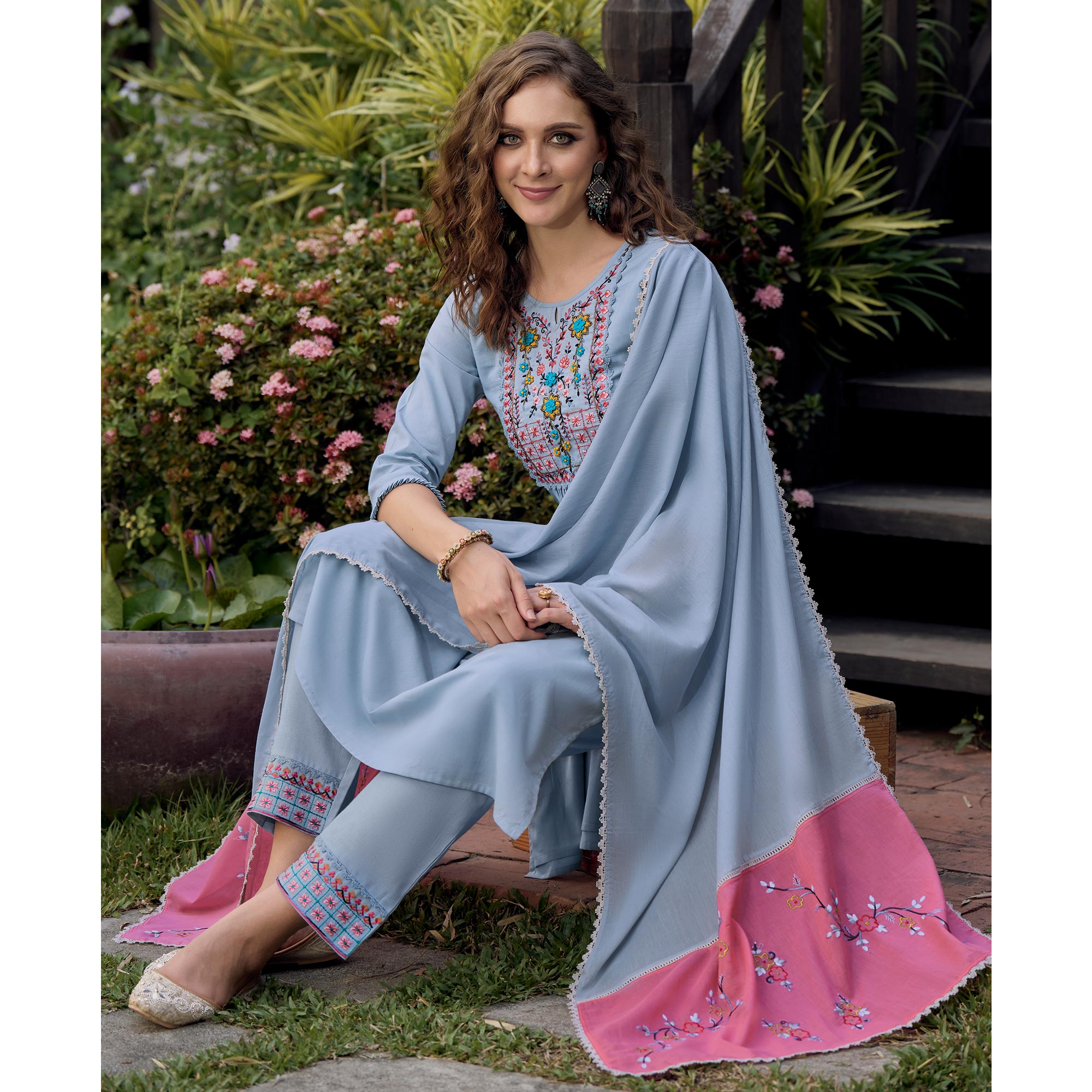 Blue Embroidered Pure Cotton Suit