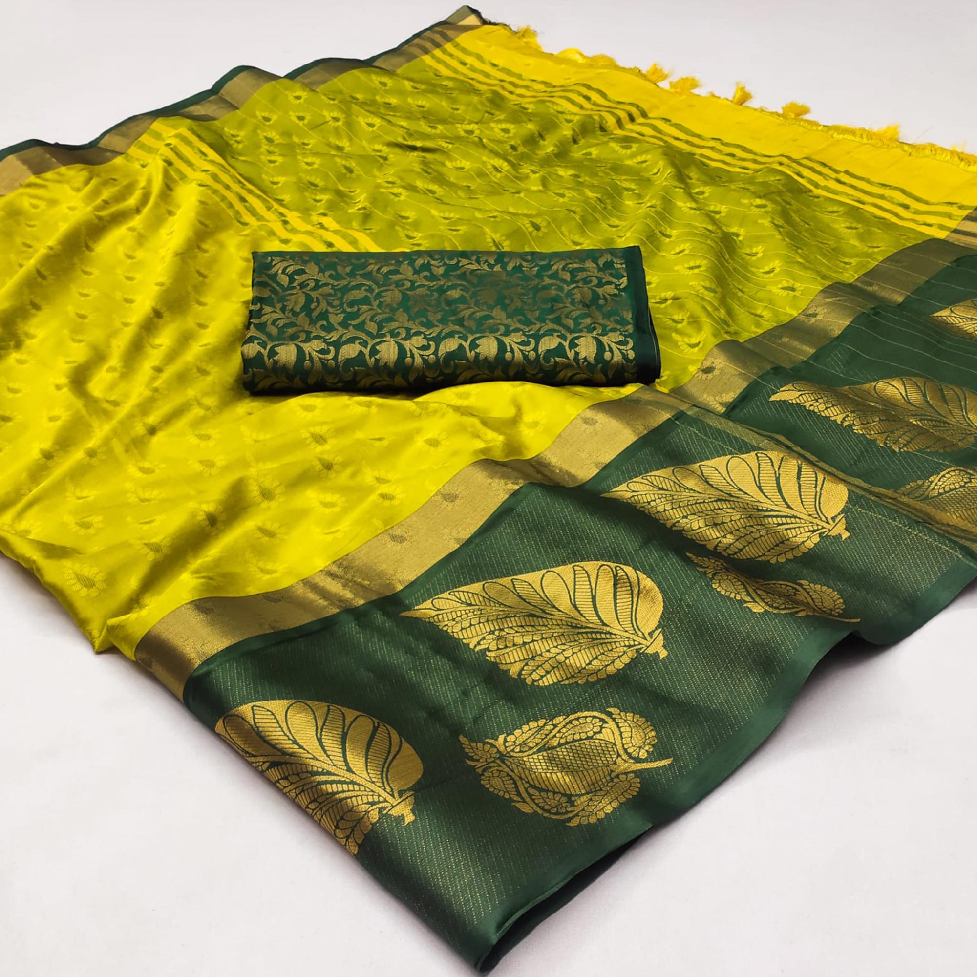 Lemon Green Woven Cotton Silk Saree With Tassels