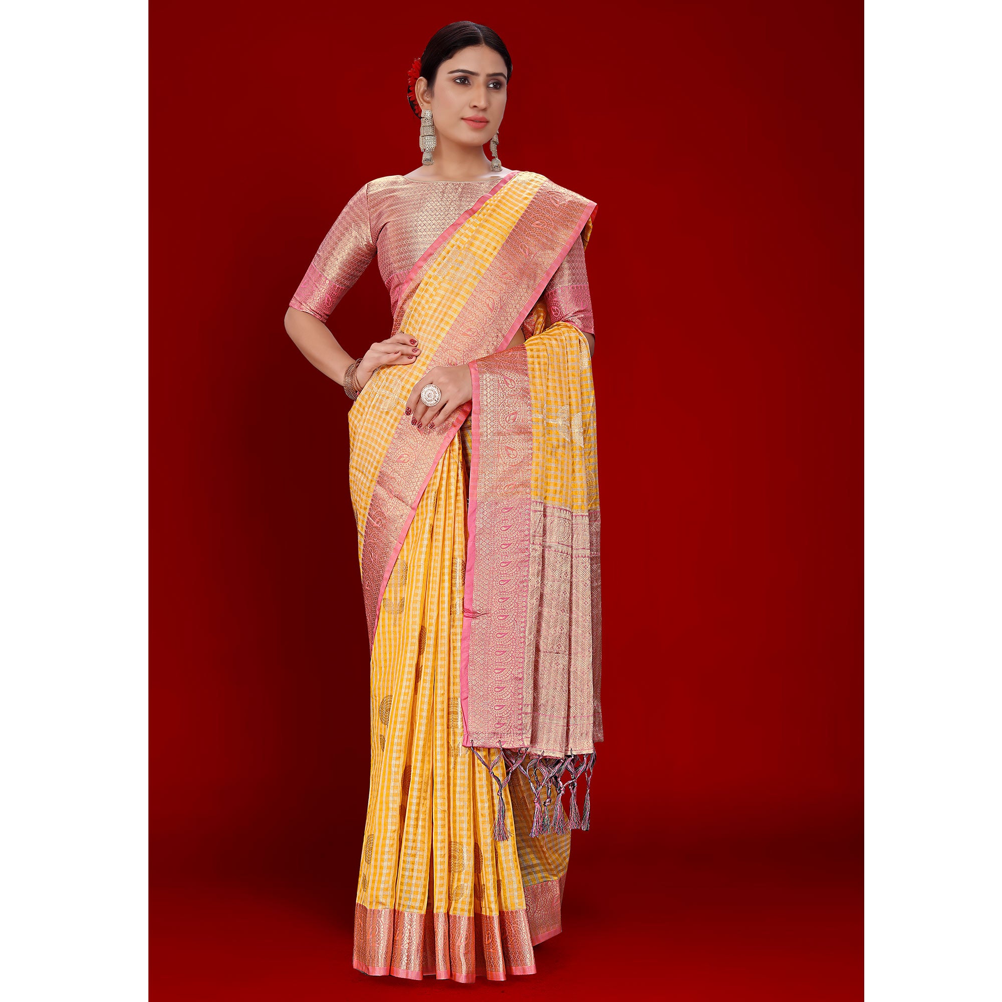 Mustard Floral Woven Organza Saree With Tassels