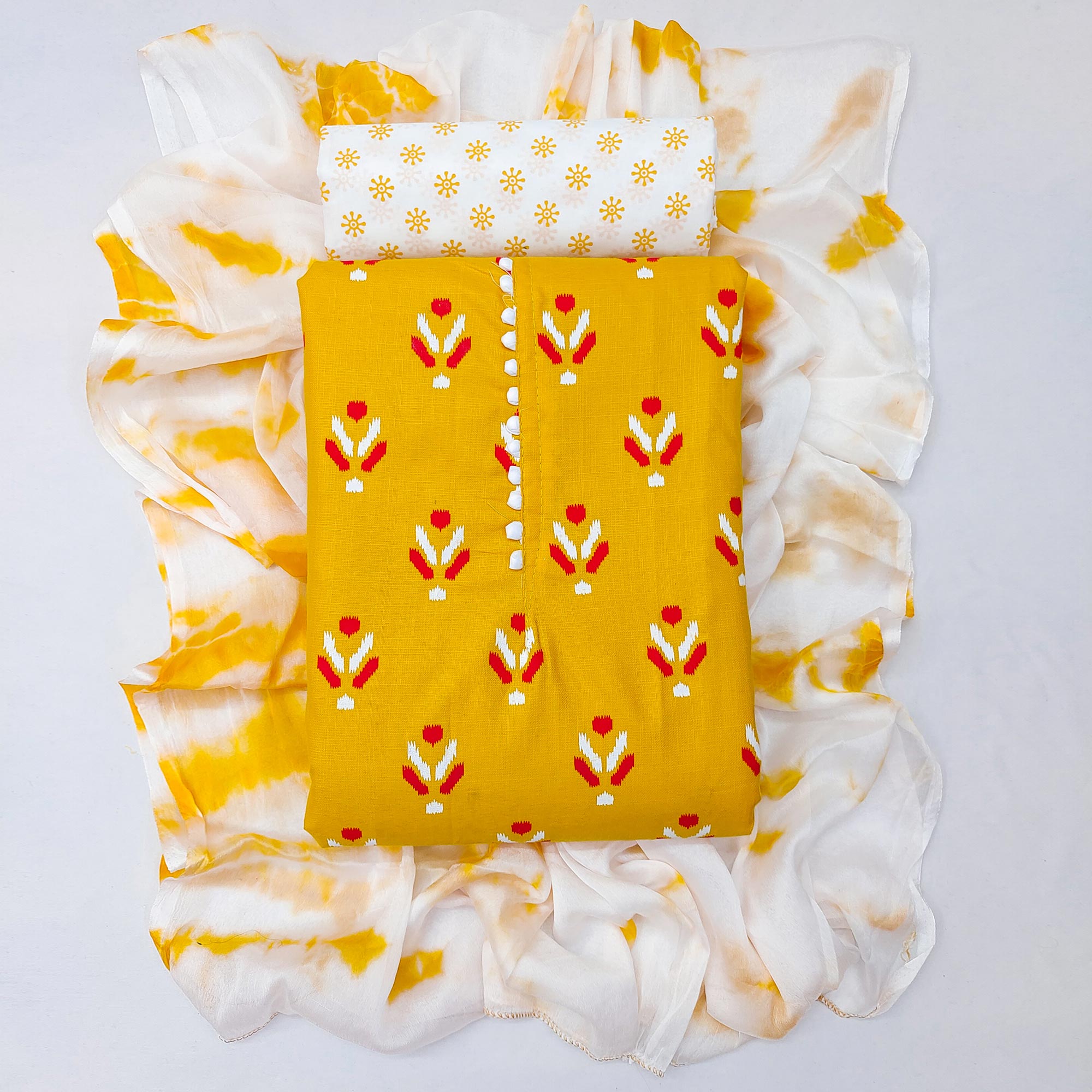 Yellow Ikkat Printed Cotton Blend Dress Material