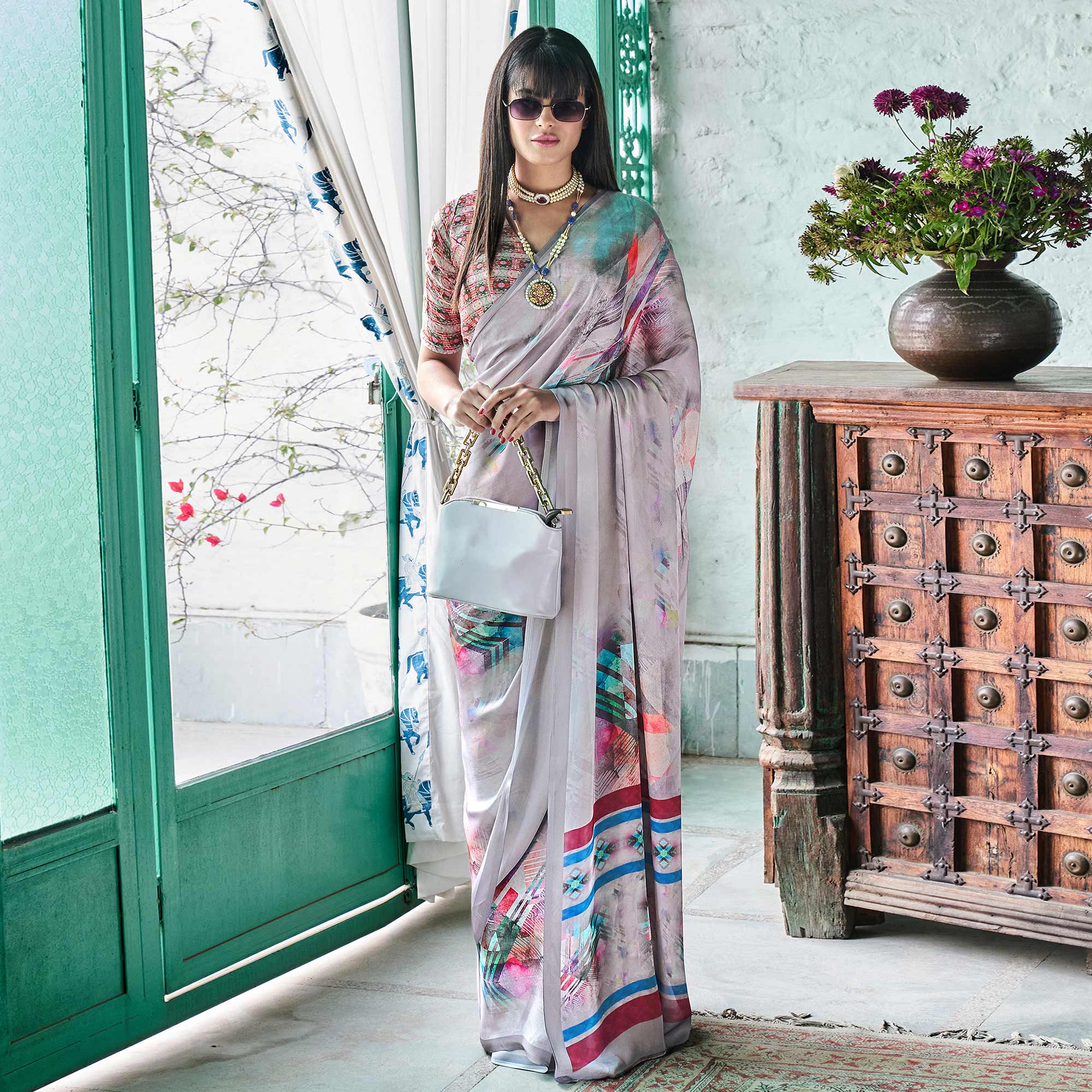 Grey Digital Printed Satin Saree