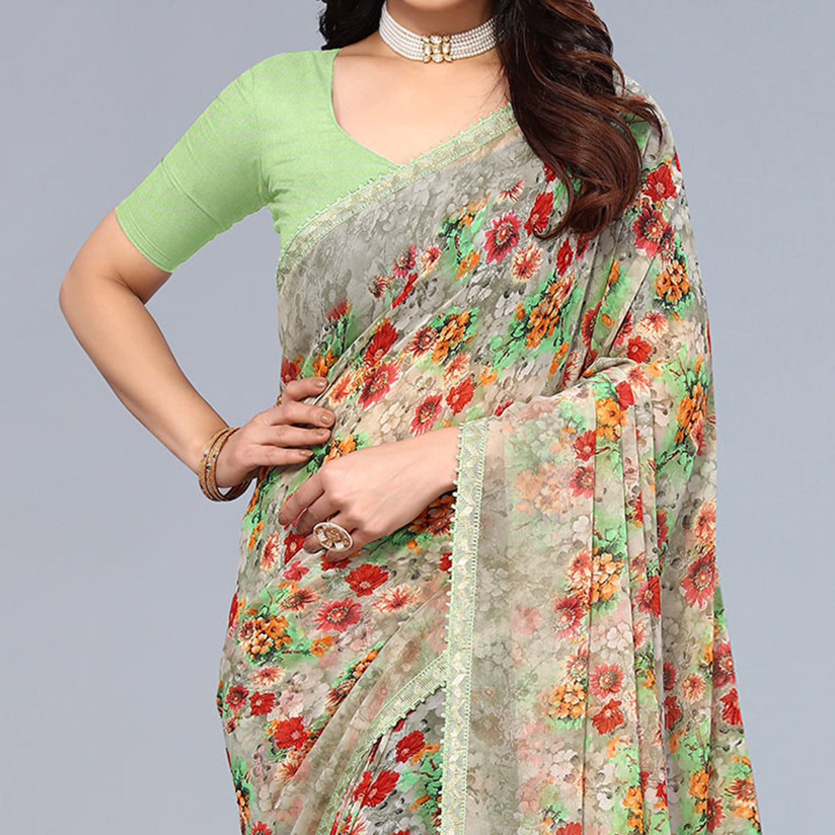 Pista Green Printed Georgette Saree With Crochet Border