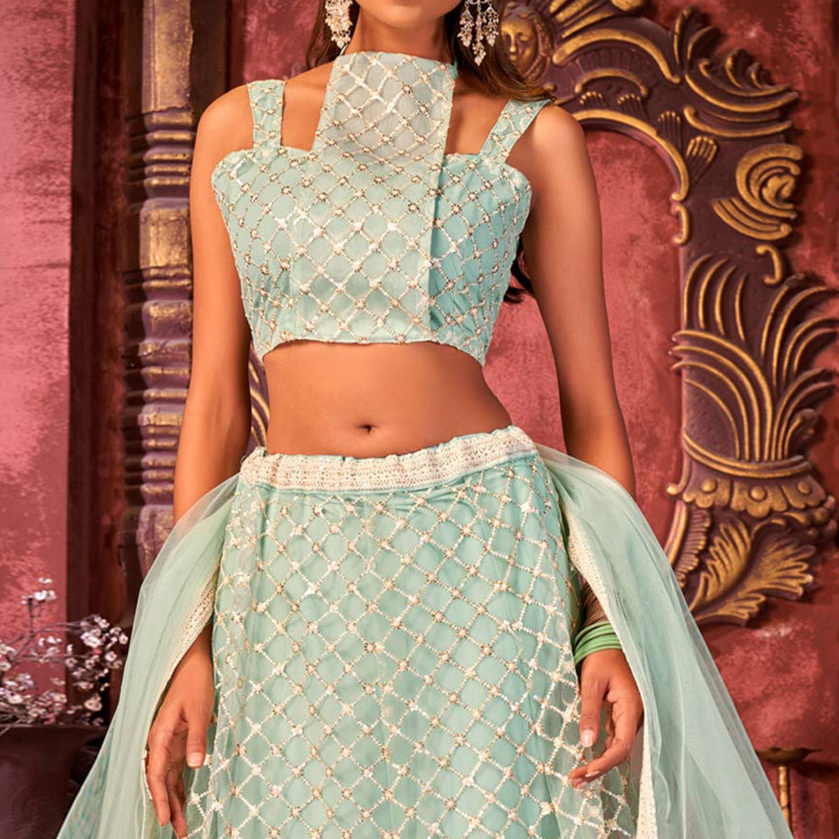 Blue Floral Sequins Embroidered Net Lehenga Choli