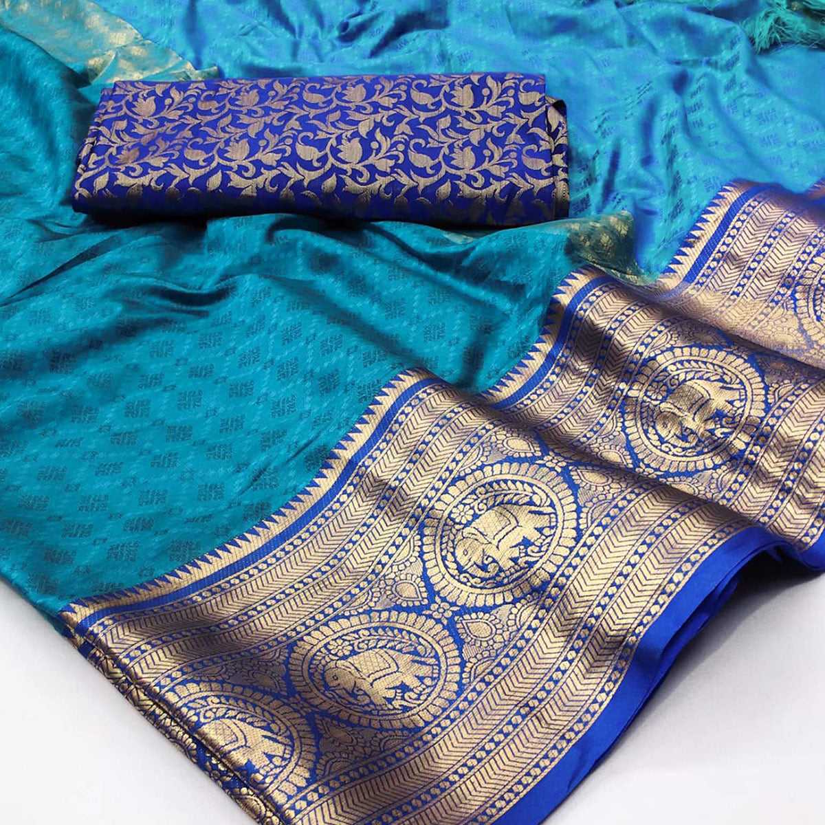 Firozi Woven Cotton Silk Saree With Tassels
