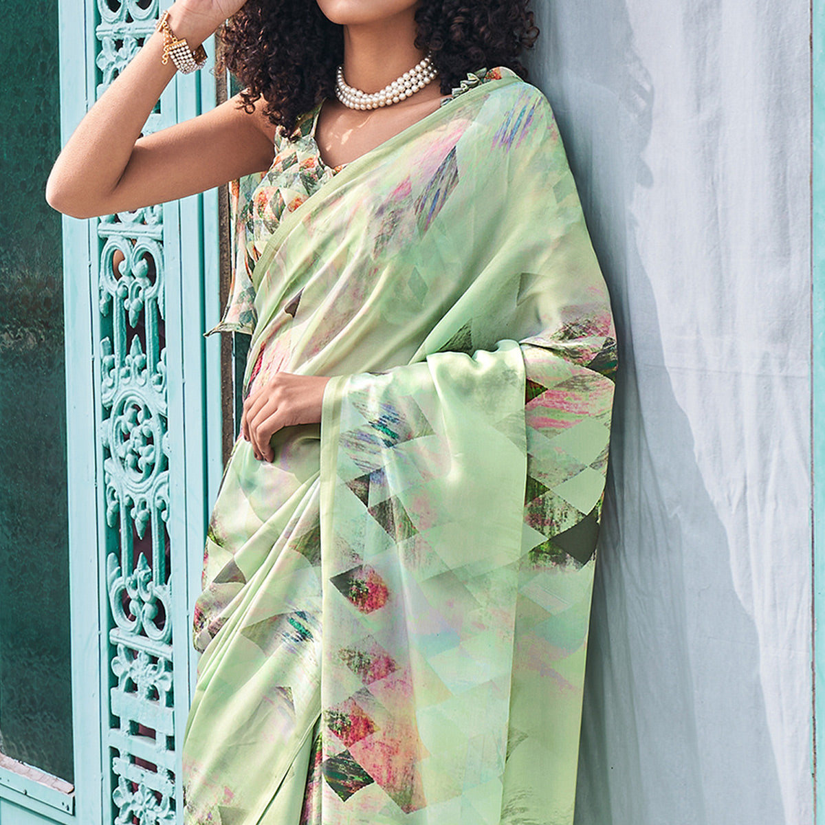 Pista Green Digital Printed Satin Saree