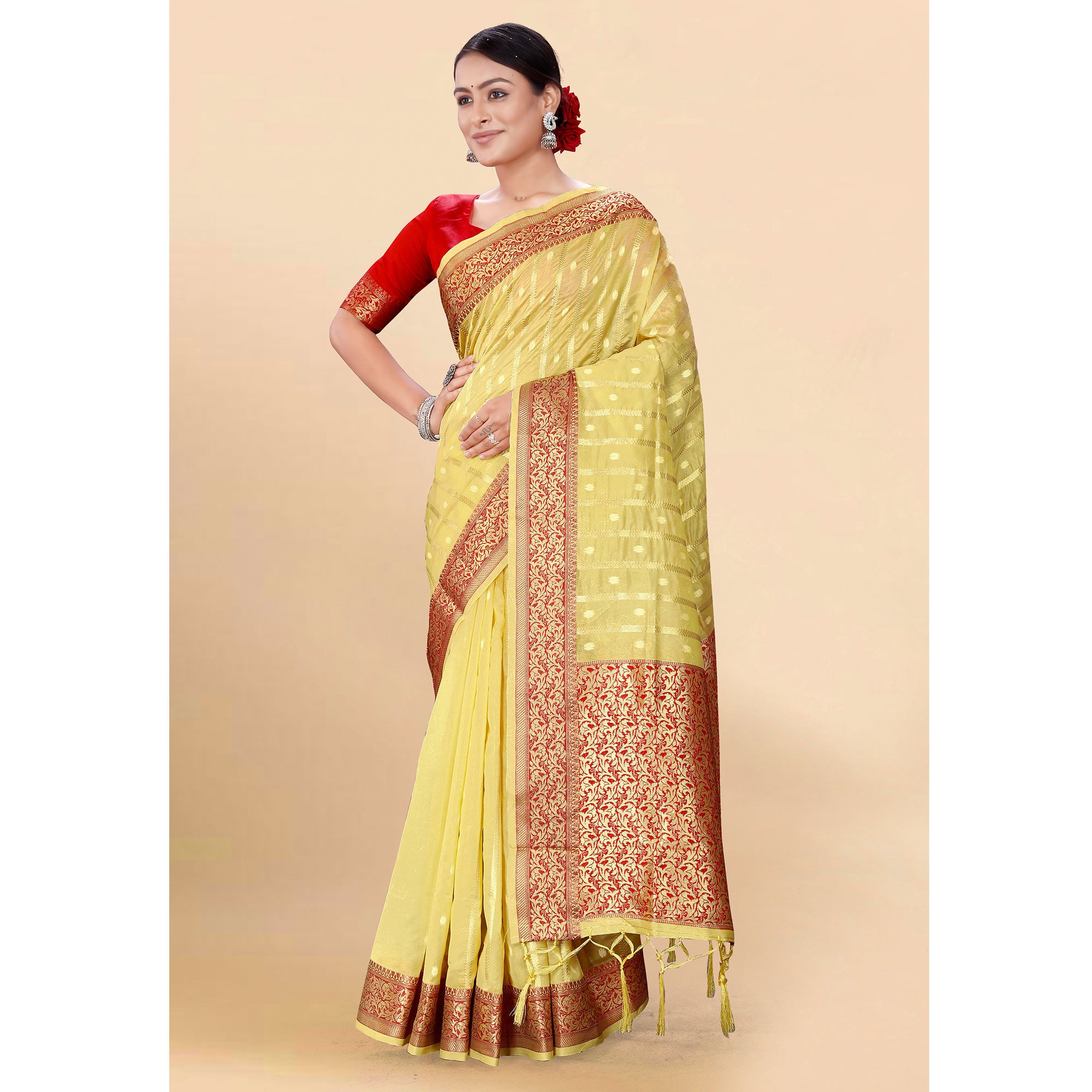 Yellow Woven Organza Saree With Tassels