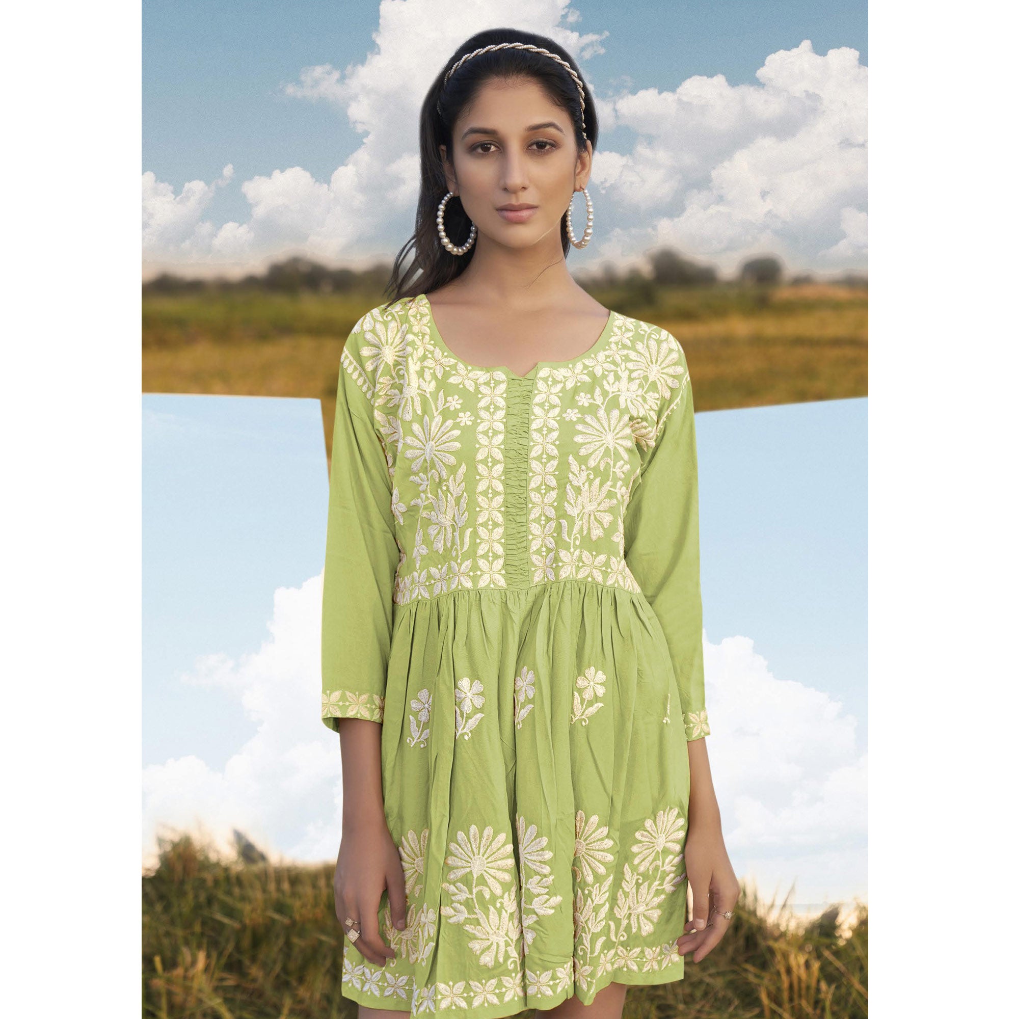 Pista Green Lucknowi Embroidered Rayon Tunic