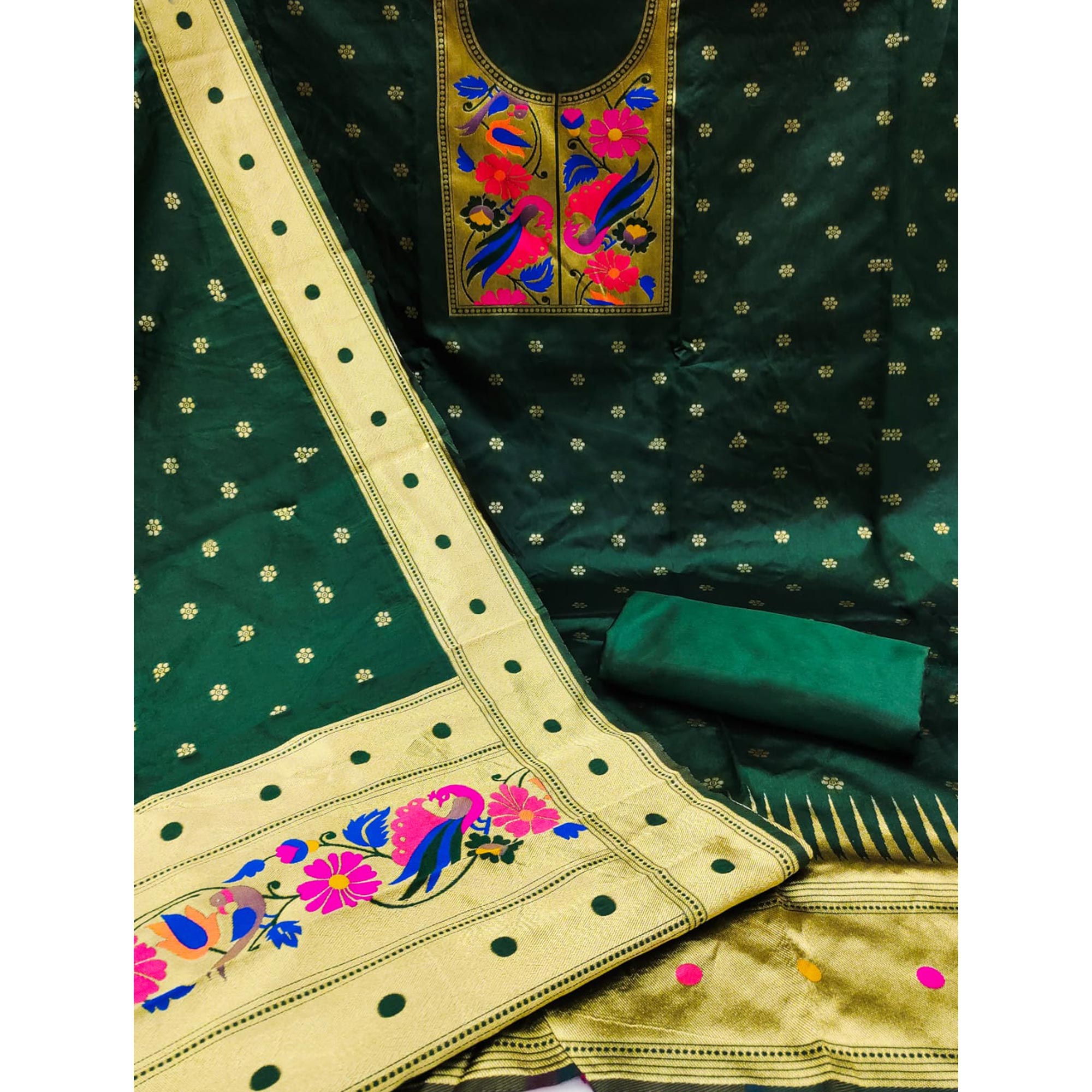 Green Woven Banarasi Silk Paithani Dress Material