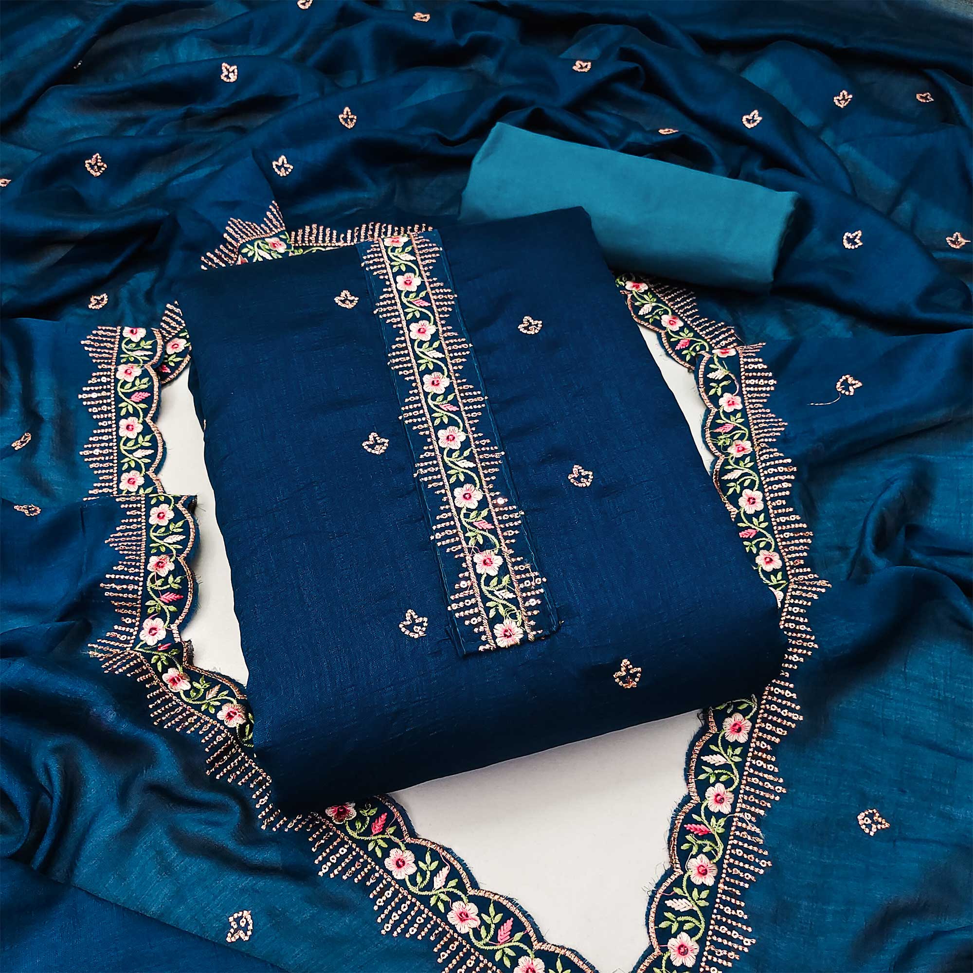 Blue Floral Embroidered Vichitra Silk Dress Material