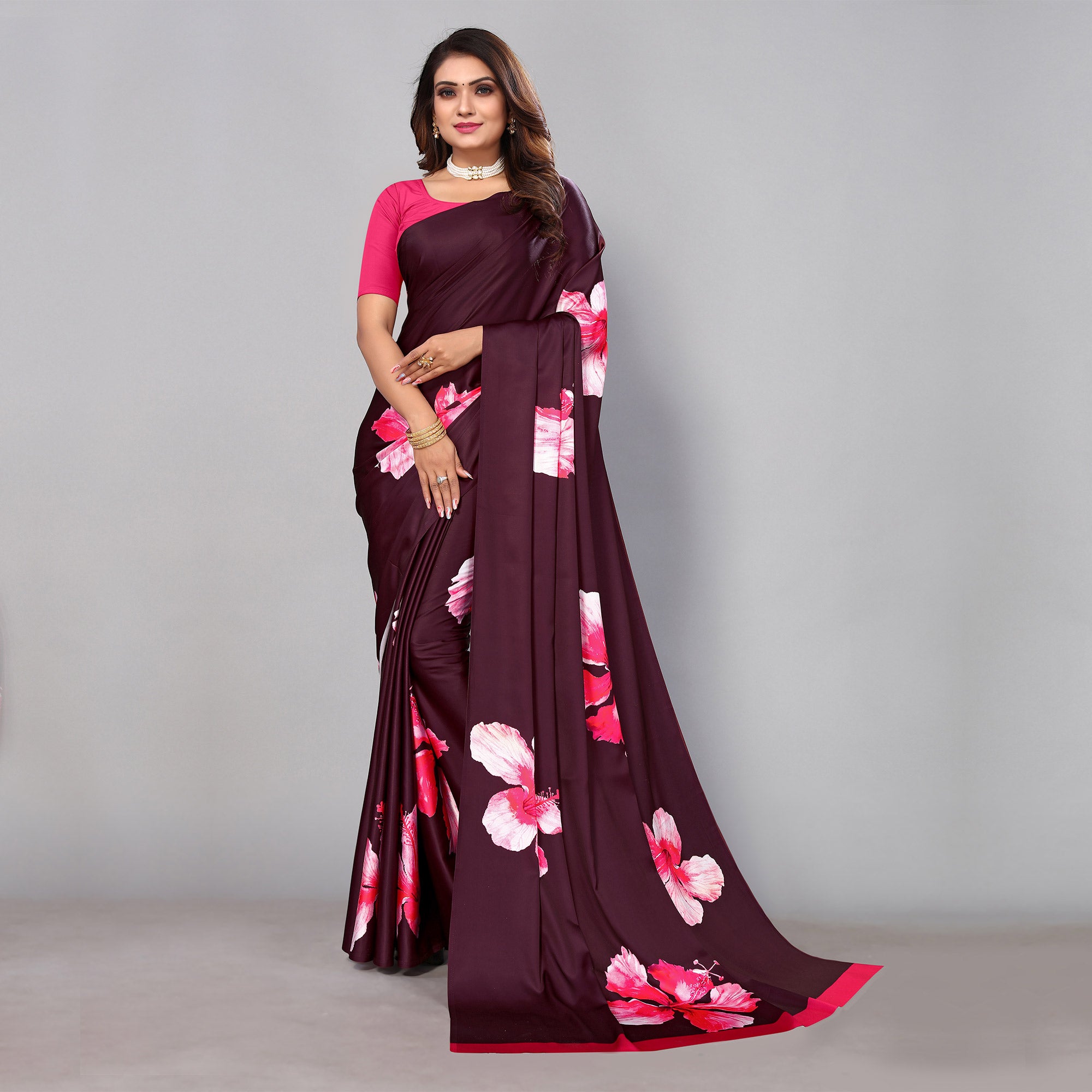 Wine Digital Printed Satin Saree