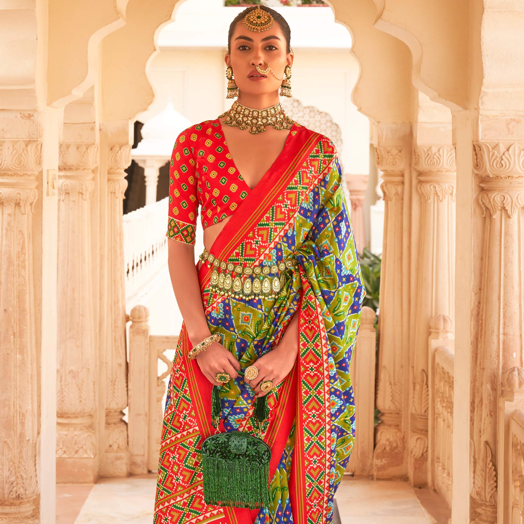 Green & Blue Printed Tussar Silk Saree With Tassels