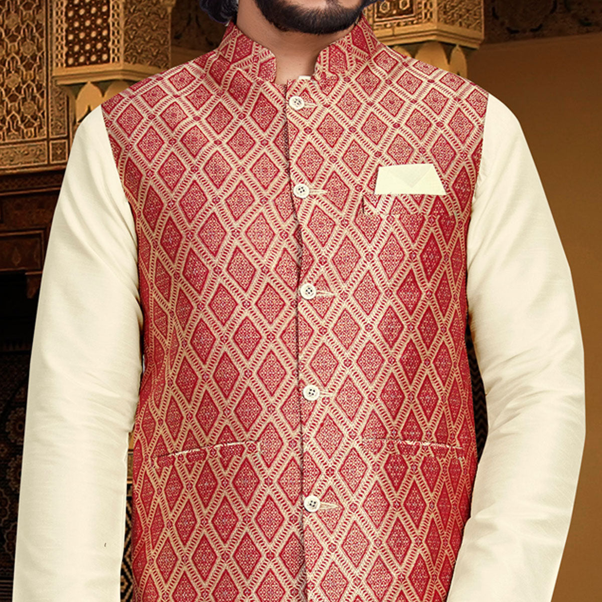 Cream Red Woven Art Silk Kurta Pyjama Set With Jacket