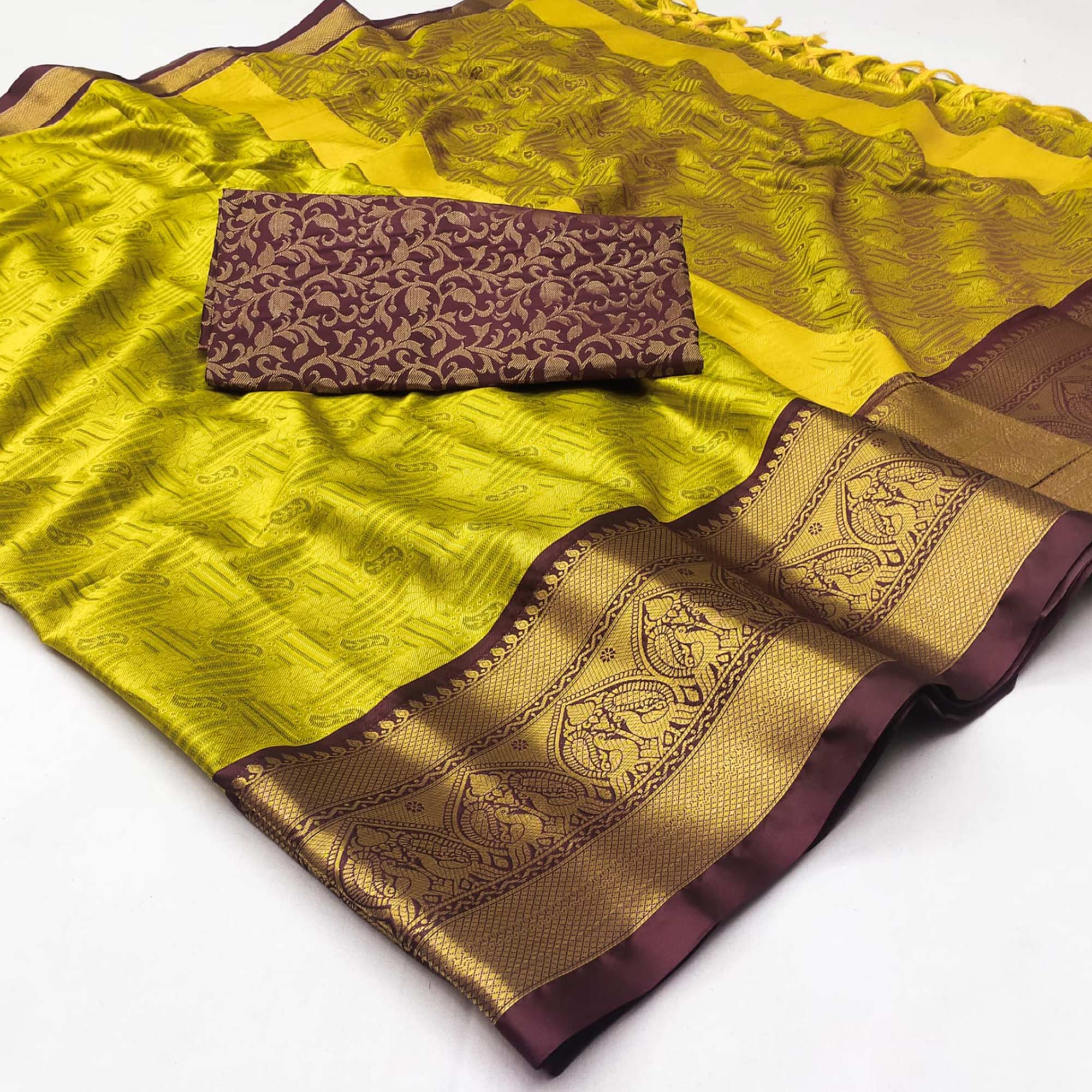 Lemon Green Maroon Woven Cotton Silk Saree With Tassels