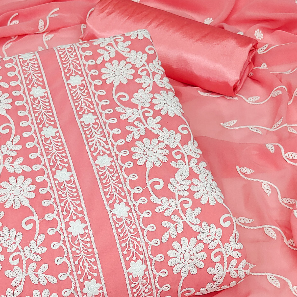 Peach Floral Embroidered Georgette Dress Material