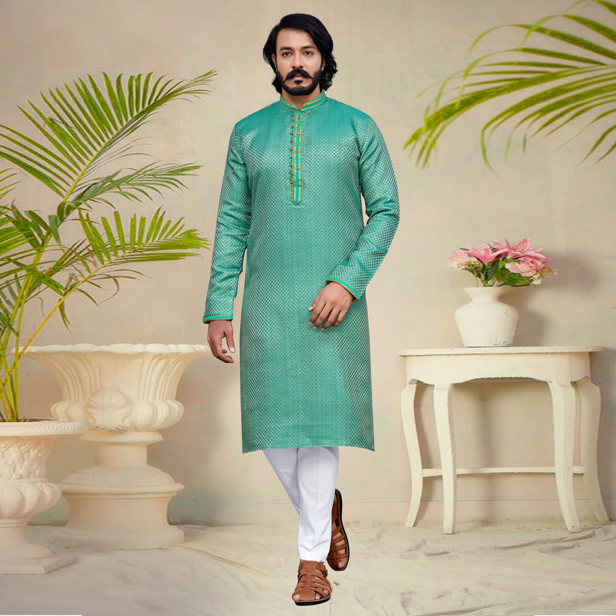 Sea Green Woven Jacquard Kurta Pyjama Set