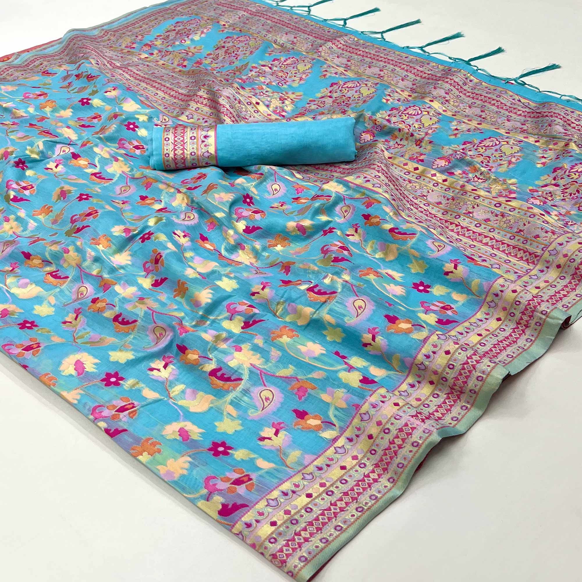 Blue Floral Woven Chanderi Saree
