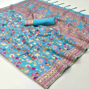 Blue Floral Woven Chanderi Saree